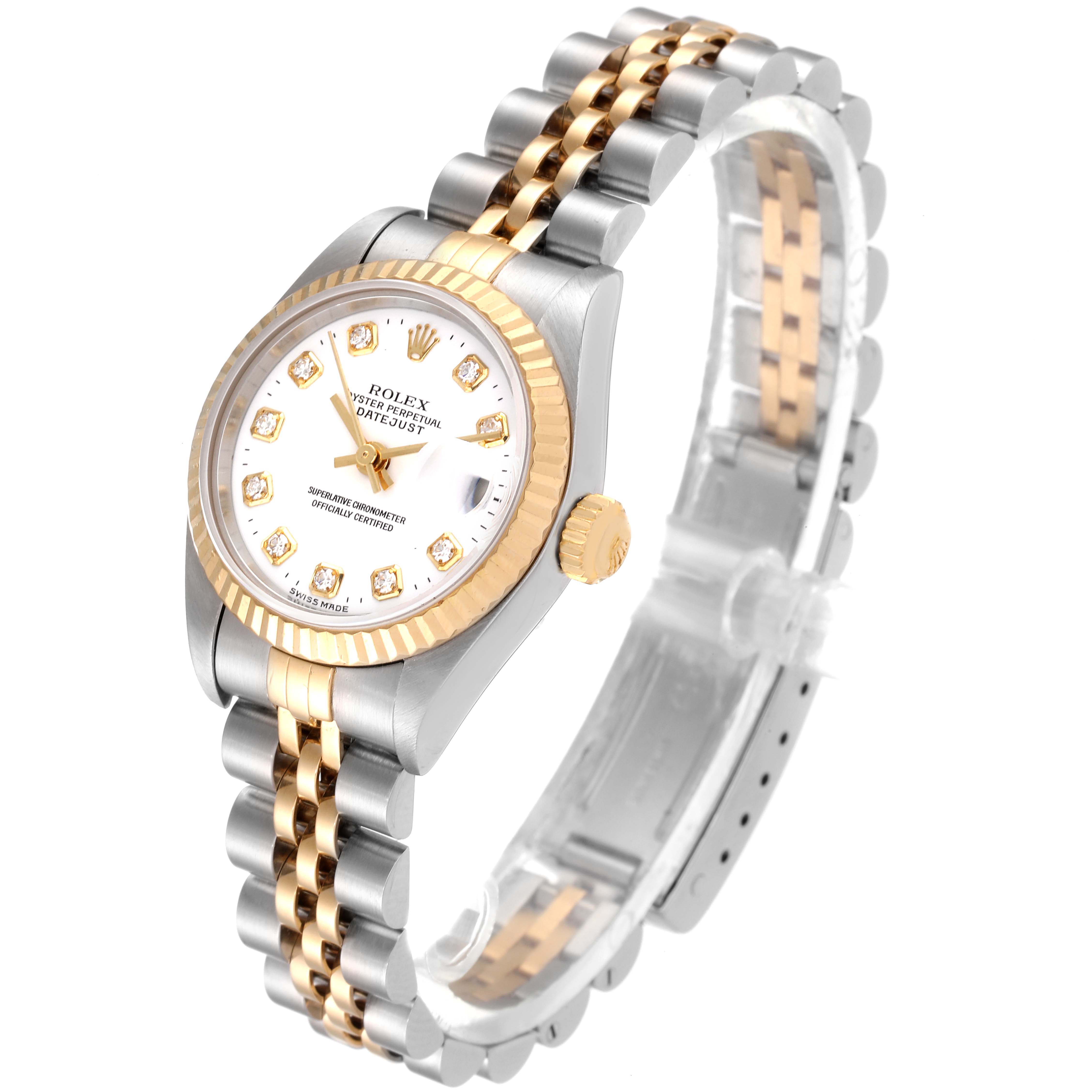 The image shows a Rolex Datejust 79173 Women's Steel and Gold (two tone) White Dial 79173 Women's Steel and Gold (two tone) White Dial watch at an angle displaying its full bracelet, dial, and part of the crown.