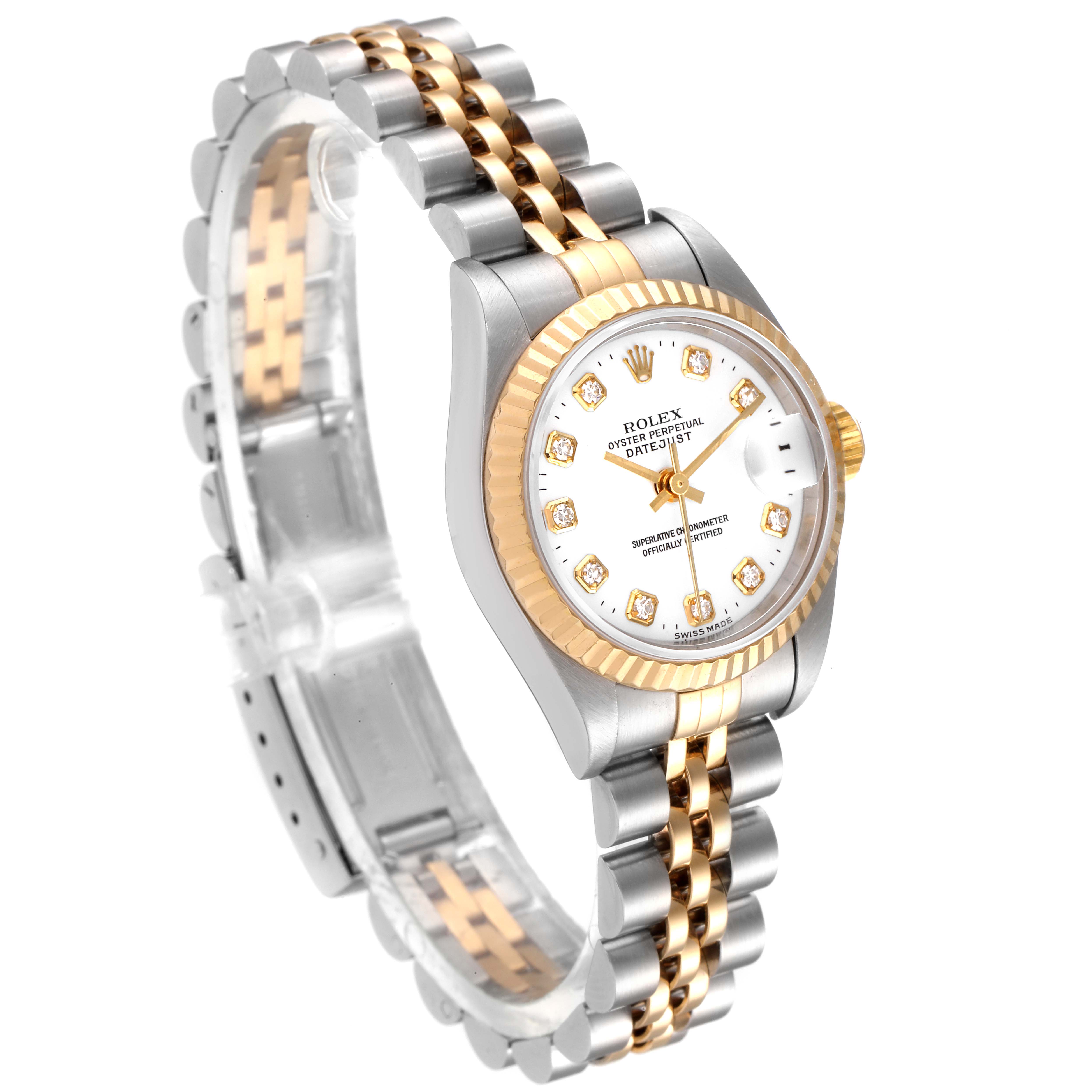 The Rolex Datejust 79173 Women's Steel and Gold (two tone) White Dial 79173 Women's Steel and Gold (two tone) White Dial watch is shown at an angle, displaying the face, bezel, and bracelet.