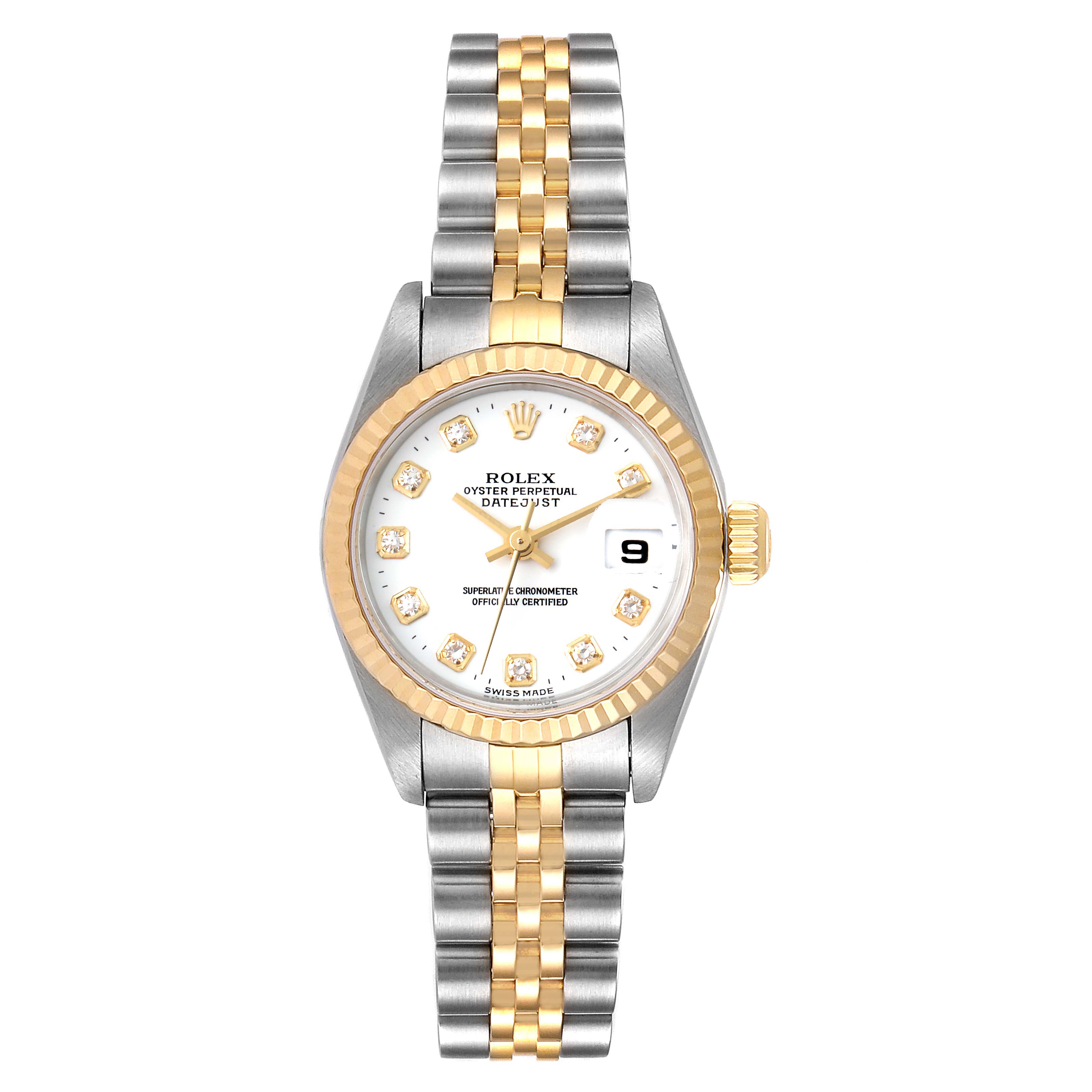 The Rolex Datejust 79173 Women's Steel and Gold (two tone) White Dial 79173 Women's Steel and Gold (two tone) White Dial watch is shown from a top-down angle, highlighting its face, bezel, crown, and two-tone bracelet.