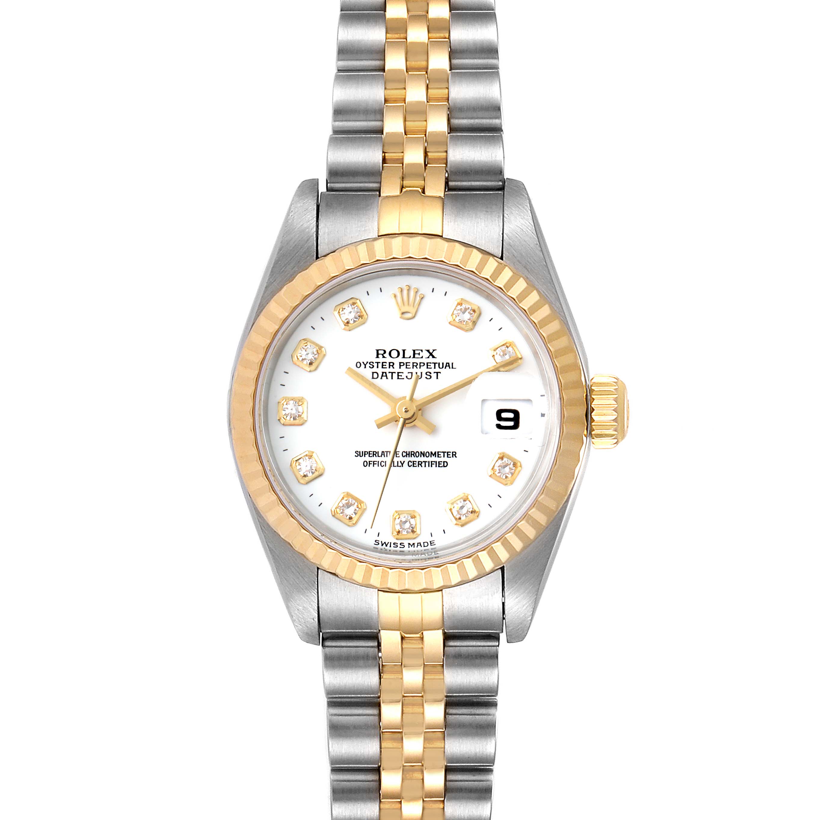 This image shows the front view of a Rolex Datejust 79173 Women's Steel and Gold (two tone) White Dial 79173 Women's Steel and Gold (two tone) White Dial watch, highlighting its dial, bezel, crown, and two-tone bracelet.