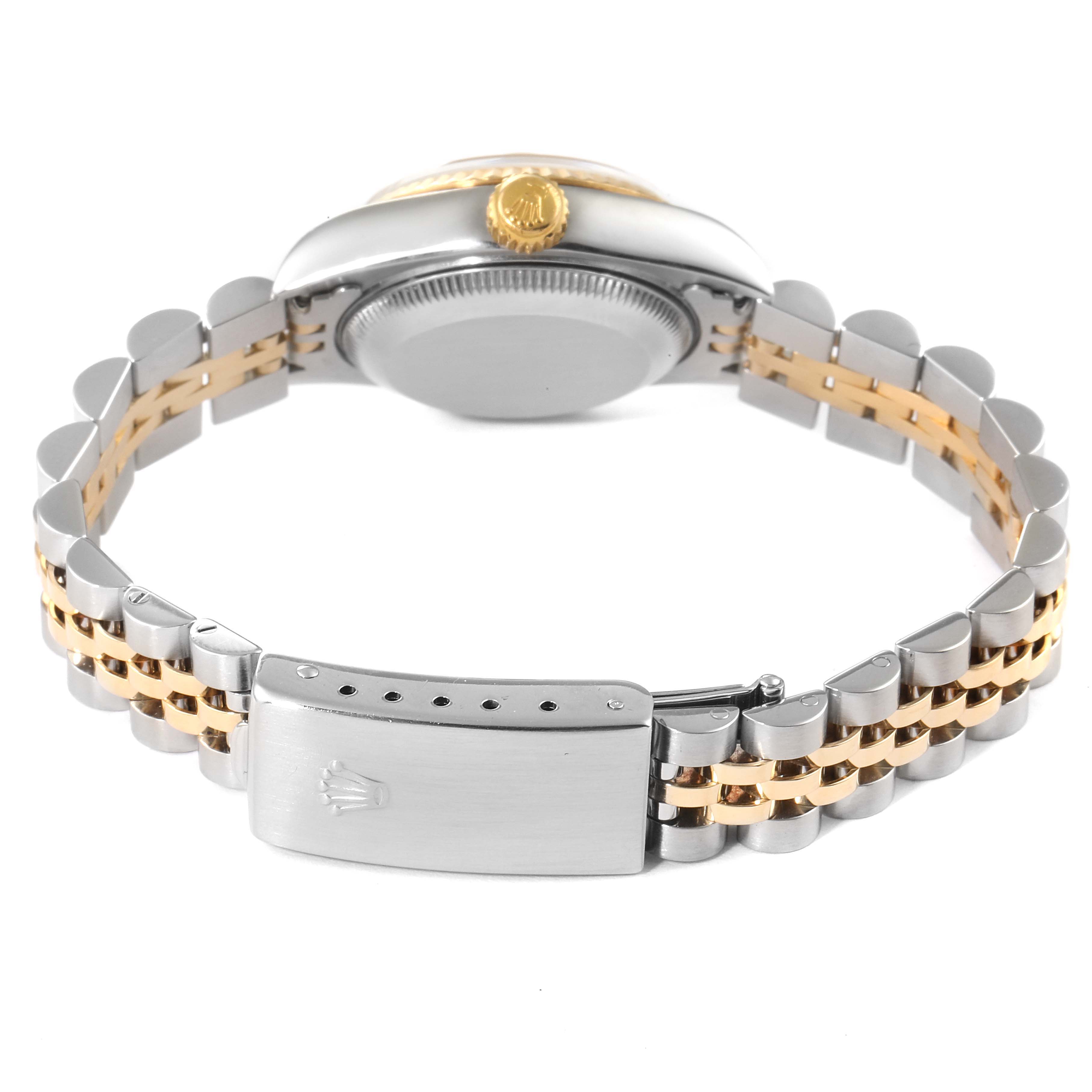The image shows a side view of the Rolex Datejust 79173 Women's Steel and Gold (two tone) White Dial 79173 Women's Steel and Gold (two tone) White Dial model, highlighting the bracelet, clasp, and crown.