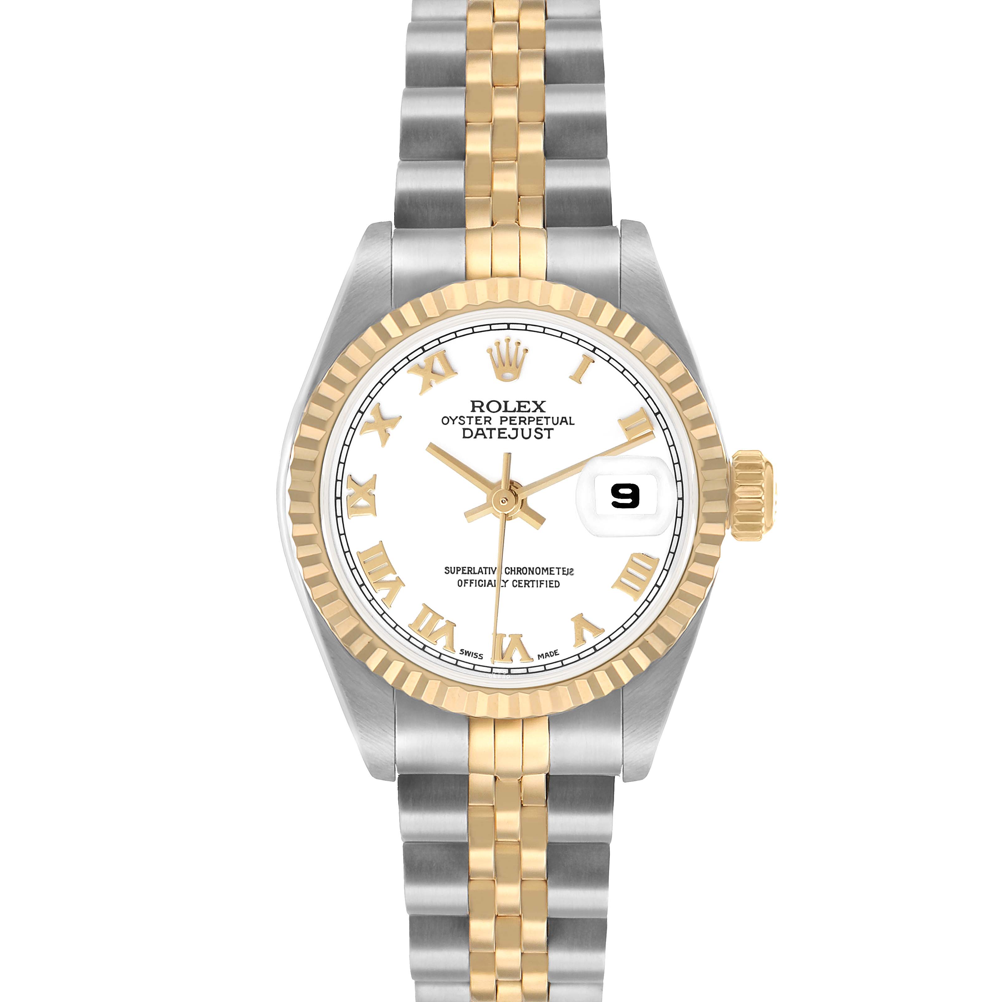 The Rolex Datejust 79173 Women's Steel and Gold (two tone) White Dial watch is shown from a top view, featuring the face, bezel, crown, and part of the bracelet.