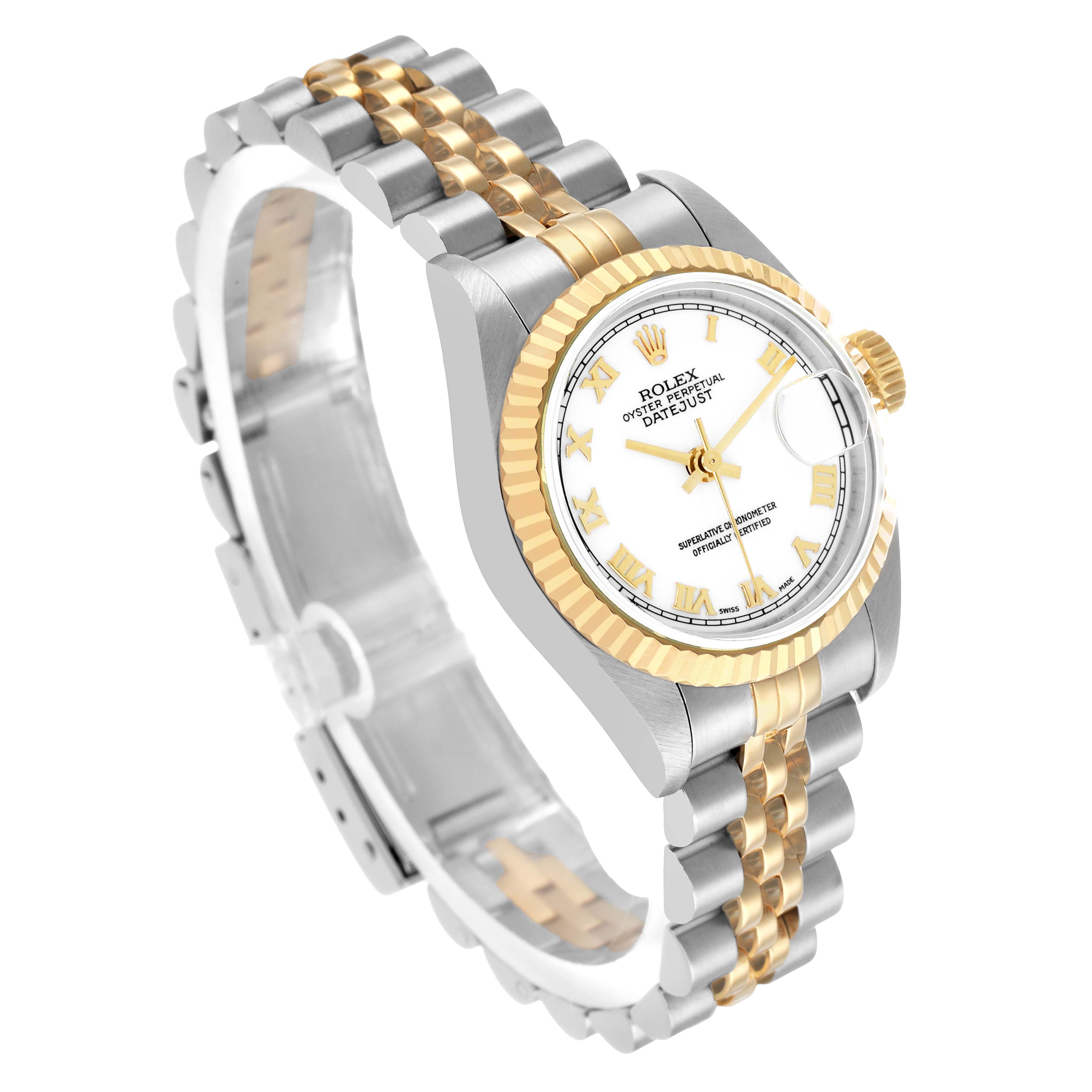 The Rolex Datejust 79173 Women's Steel and Gold (two tone) White Dial watch is shown at a three-quarter angle, highlighting the face, bezel, and Jubilee bracelet.