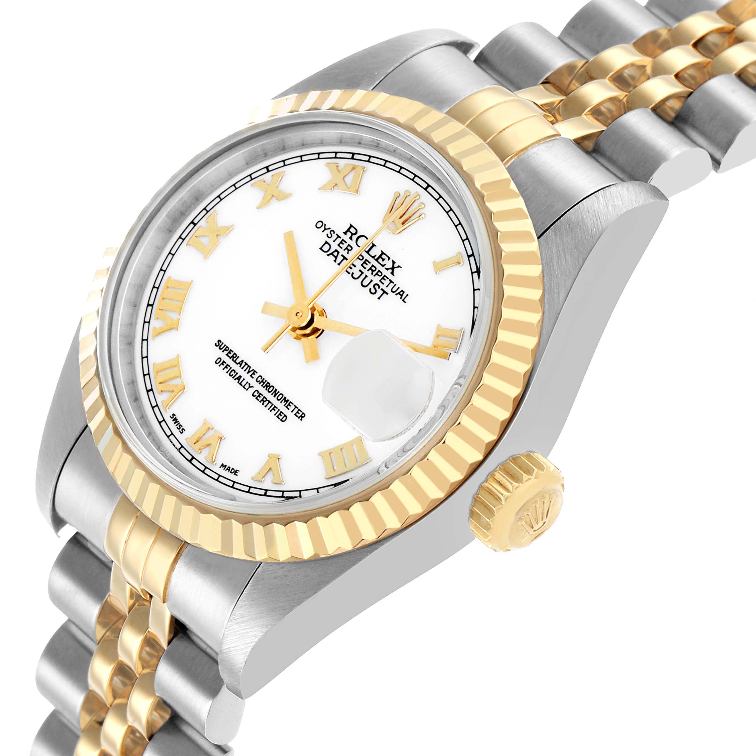 The Rolex Datejust 79173 Women's Steel and Gold (two tone) White Dial watch is shown at a slight angle, highlighting the face, bezel, crown, and bracelet.
