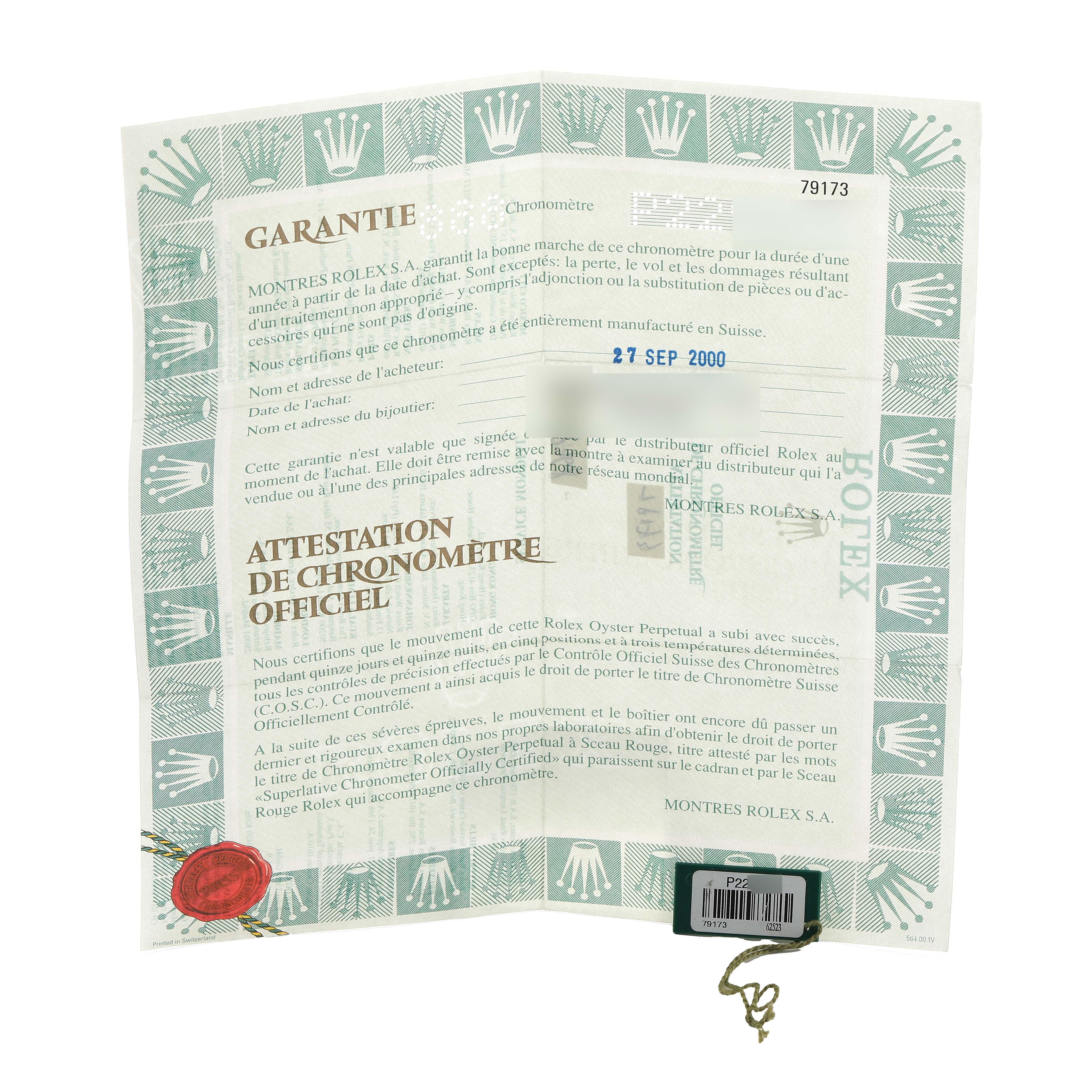 The image shows a warranty certificate for a Rolex Datejust 79173 Women's Steel and Gold (two tone) White Dial watch, featuring brand logos and text in French.