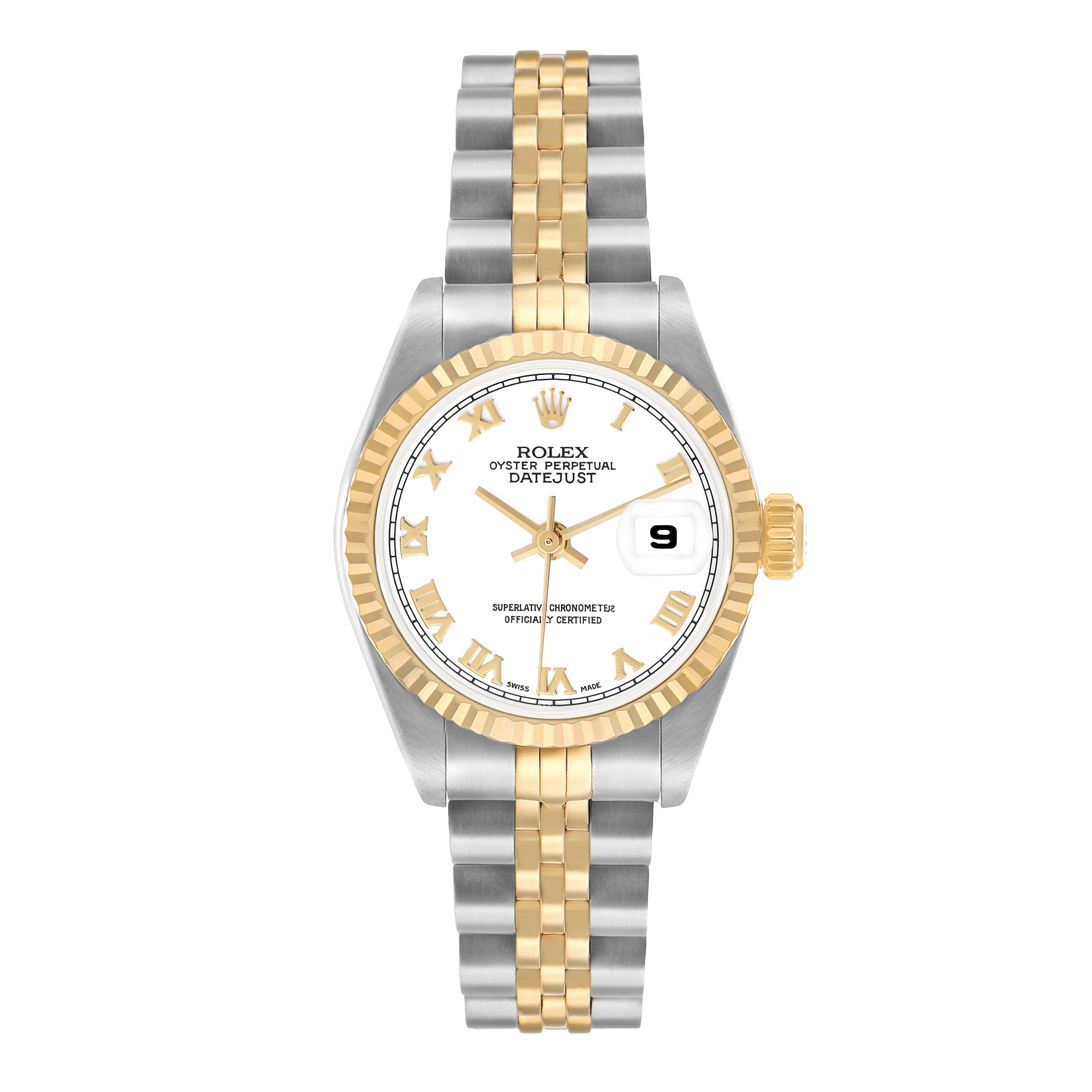 The Rolex Datejust 79173 Women's Steel and Gold (two tone) White Dial watch is shown from a top-down angle, displaying its dial, fluted bezel, and two-tone bracelet.