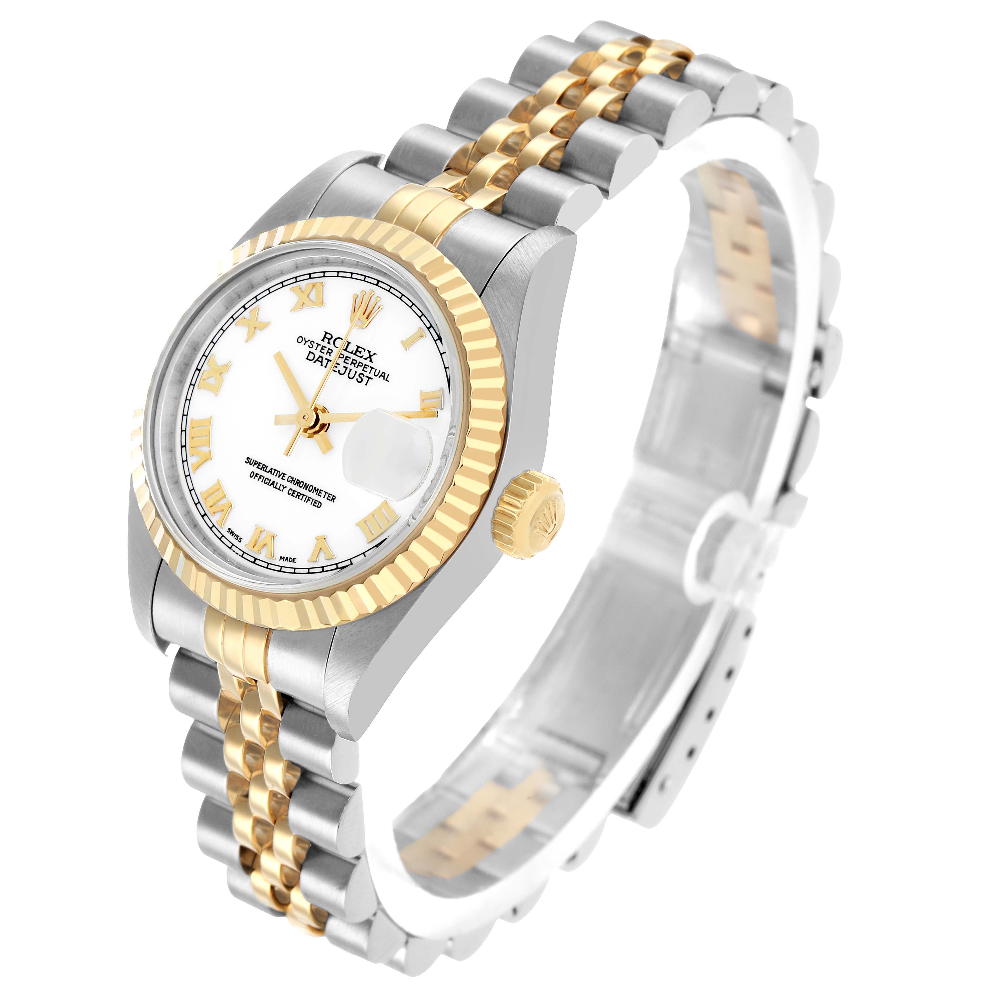 The Rolex Datejust 79173 Women's Steel and Gold (two tone) White Dial watch is shown at a three-quarter angle, highlighting its dial, bezel, crown, and Jubilee bracelet.