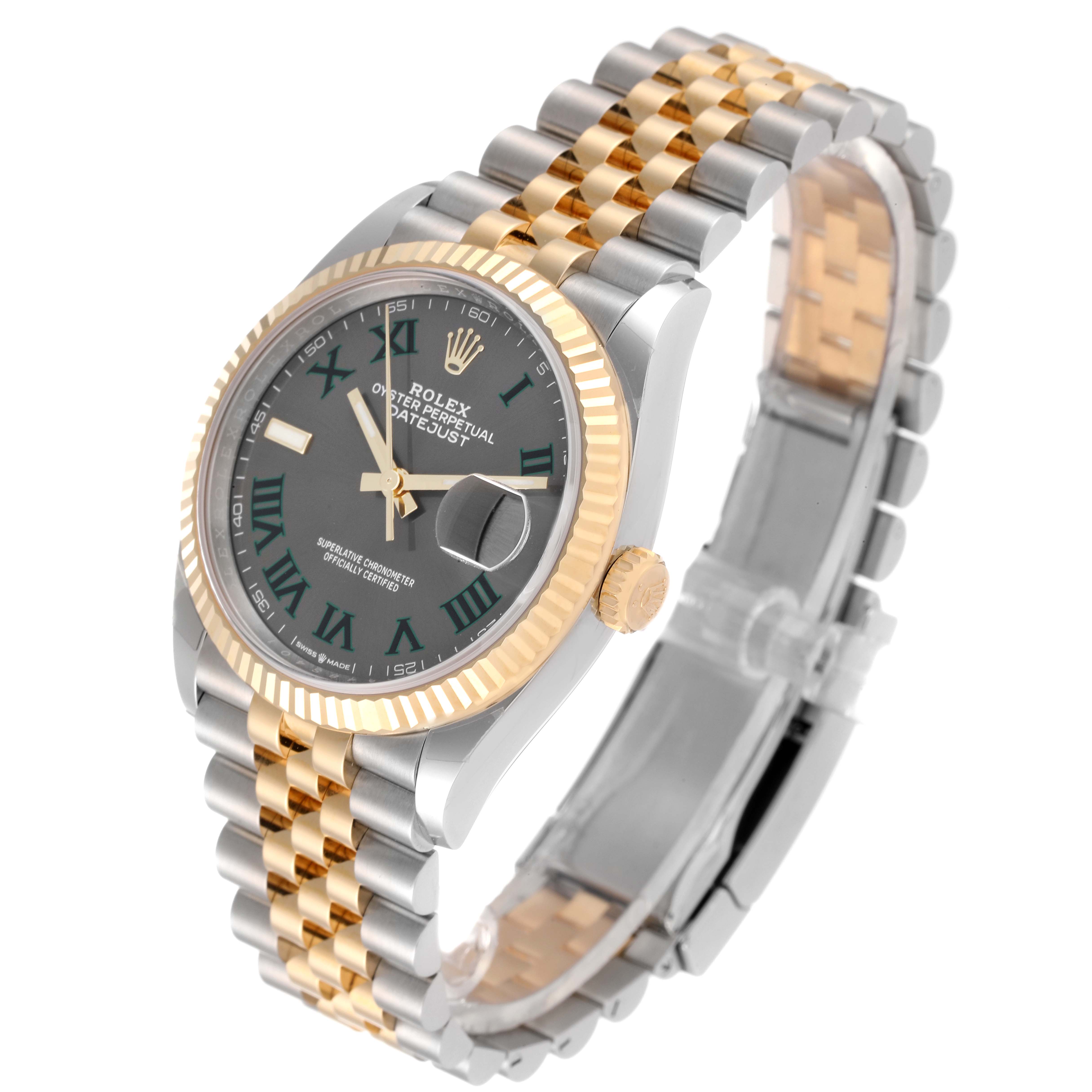 This image shows a Rolex Datejust 126233 Men's Steel and Gold (two tone) Grey Dial 126233 Men's Steel and Gold (two tone) Grey Dial watch from an angled top view, highlighting the dial, fluted bezel, and two-tone bracelet.