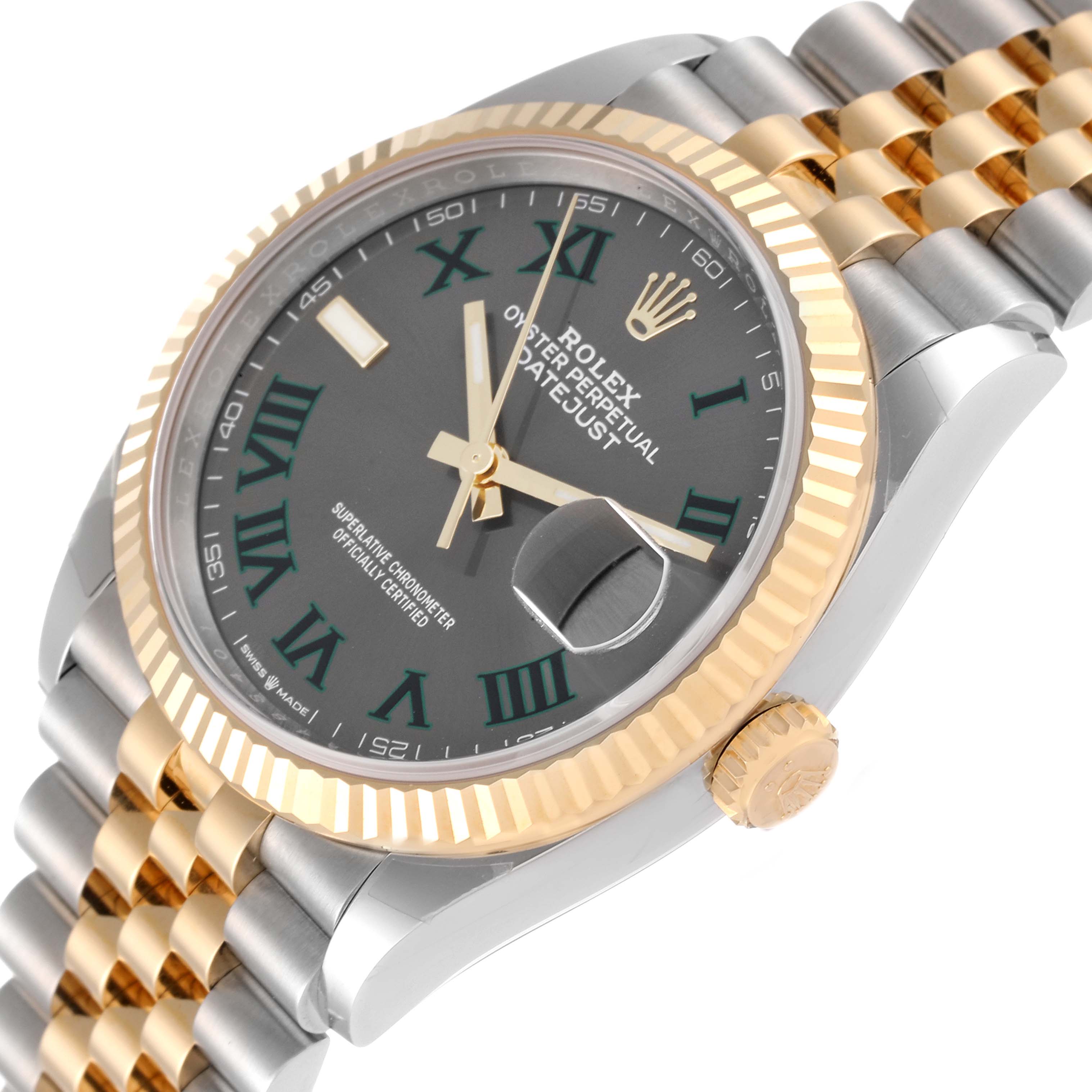 The image shows the Rolex Datejust 126233 Men's Steel and Gold (two tone) Grey Dial 126233 Men's Steel and Gold (two tone) Grey Dial model at a slight angle, featuring the dial, bezel, crown, and bracelet.