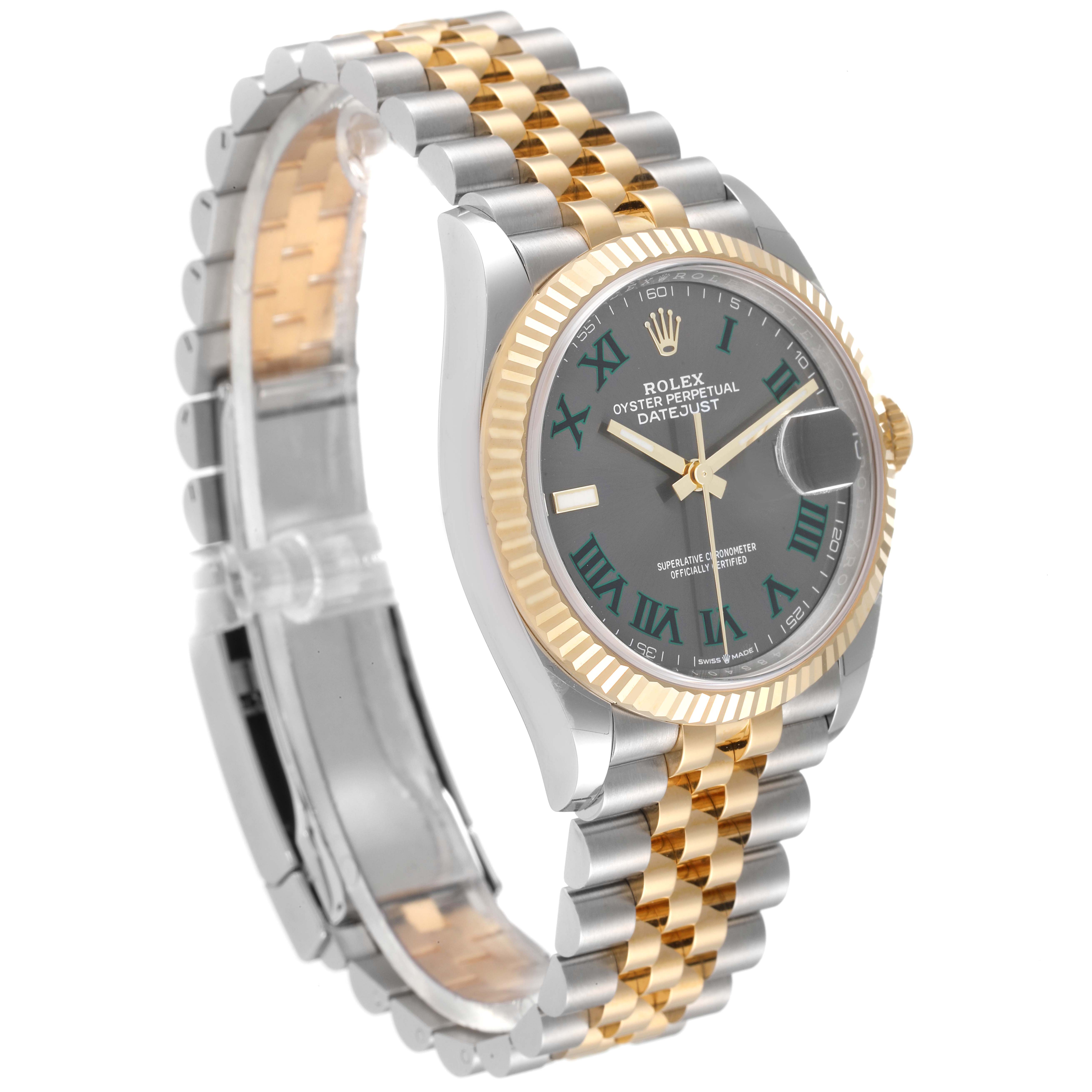 The image shows a side angle of a Rolex Datejust 126233 Men's Steel and Gold (two tone) Grey Dial 126233 Men's Steel and Gold (two tone) Grey Dial watch, showcasing its two-tone band, fluted bezel, and dial.
