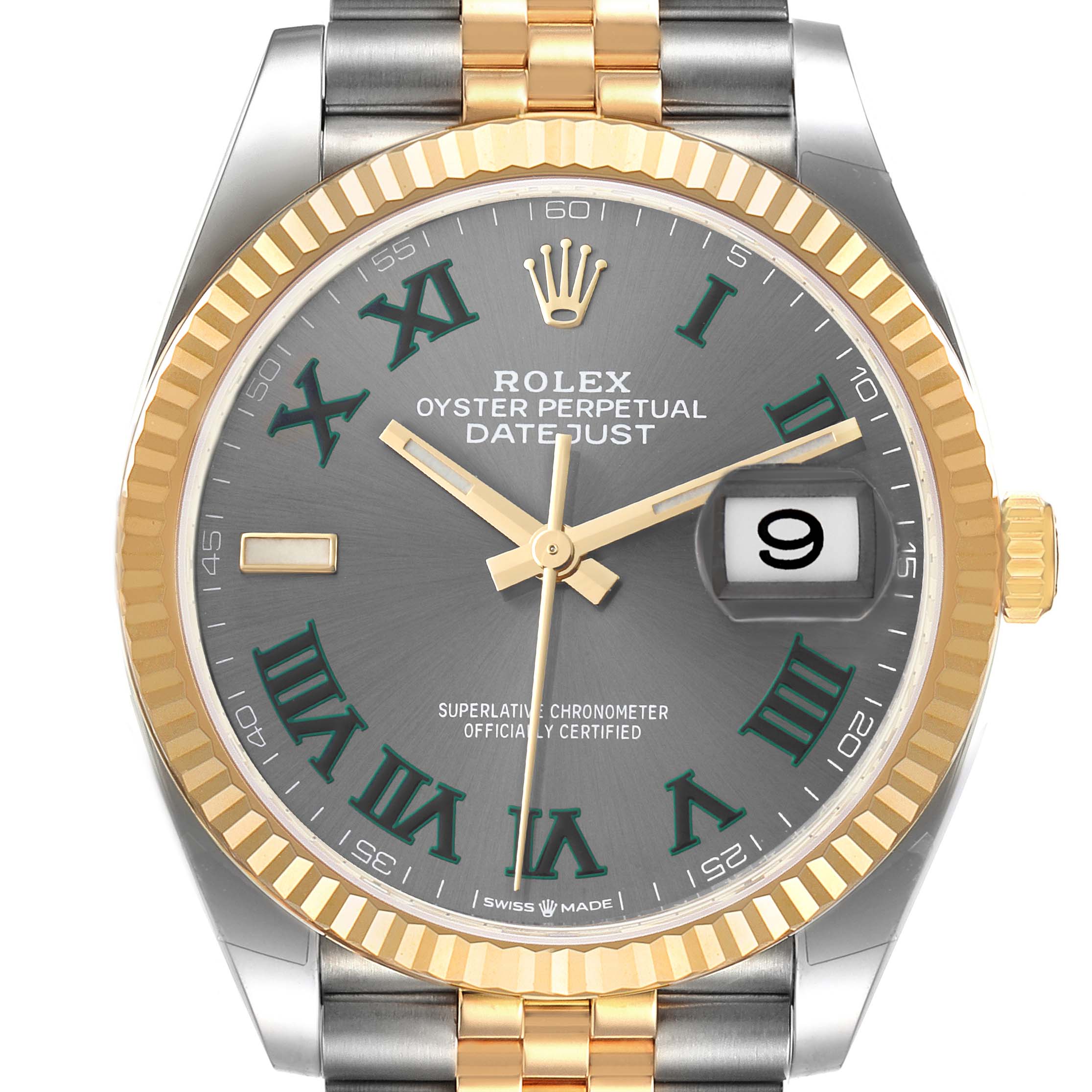 The image shows a close-up of the Rolex Datejust 126233 Men's Steel and Gold (two tone) Grey Dial 126233 Men's Steel and Gold (two tone) Grey Dial watch face, highlighting its dial, hands, date window, and two-tone bezel.