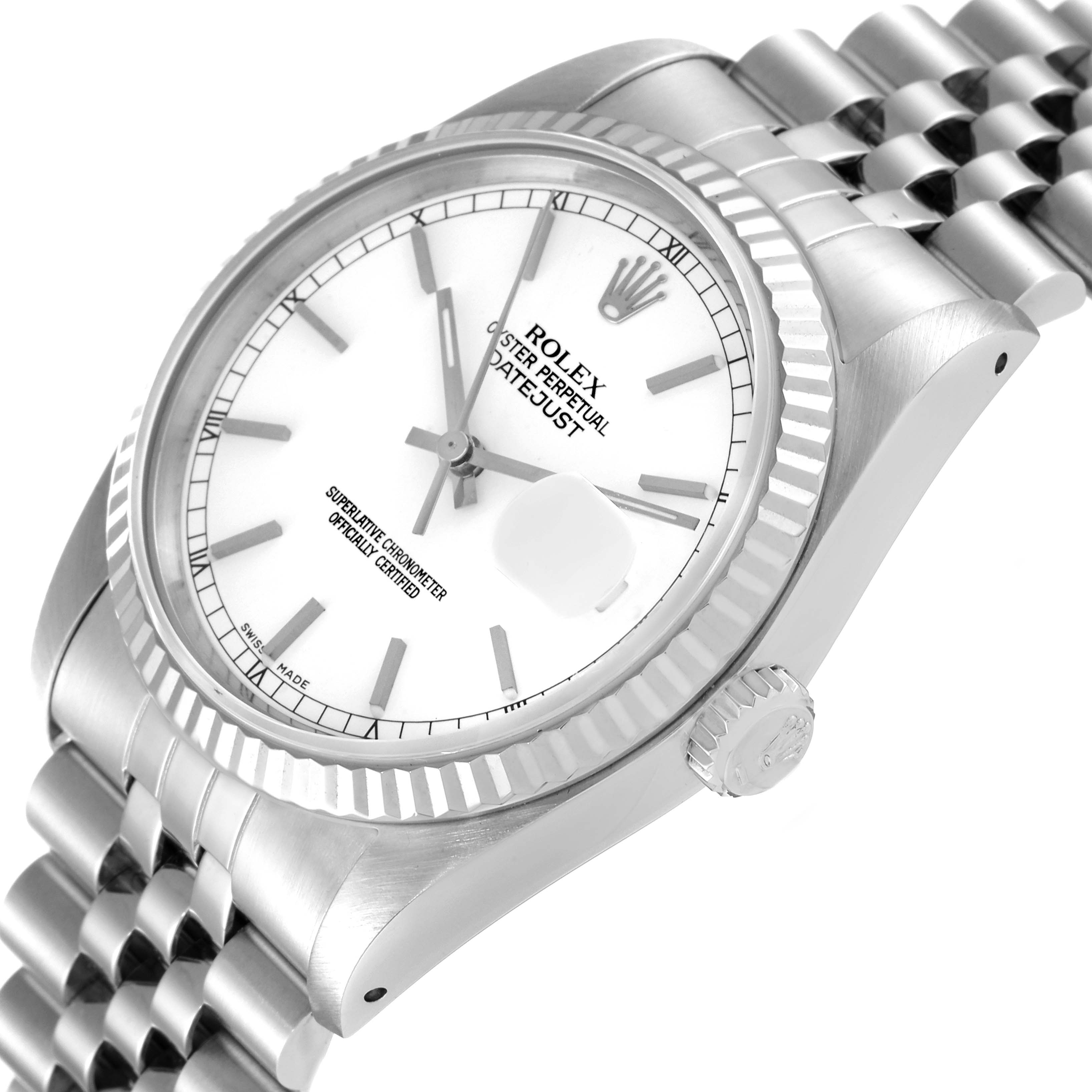 This image shows the Rolex Datejust 16234 Men's Stainless Steel White Dial 16234 Men's Stainless Steel White Dial model at an angle highlighting the dial, bezel, crown, and part of the bracelet.