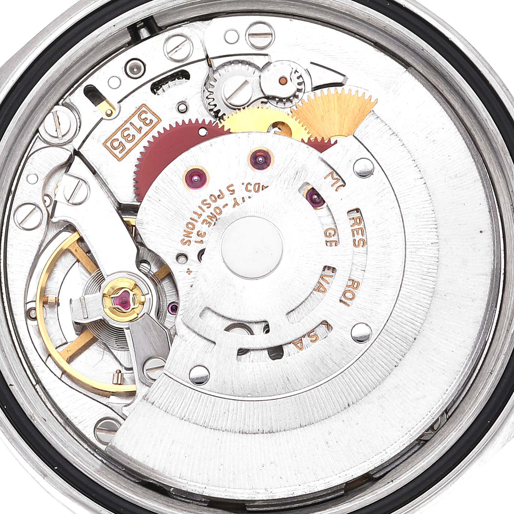 The image shows an internal view of the Rolex Datejust 16234 Men's Stainless Steel White Dial 16234 Men's Stainless Steel White Dial watch mechanism, displaying gears, the rotor, and other movement components.