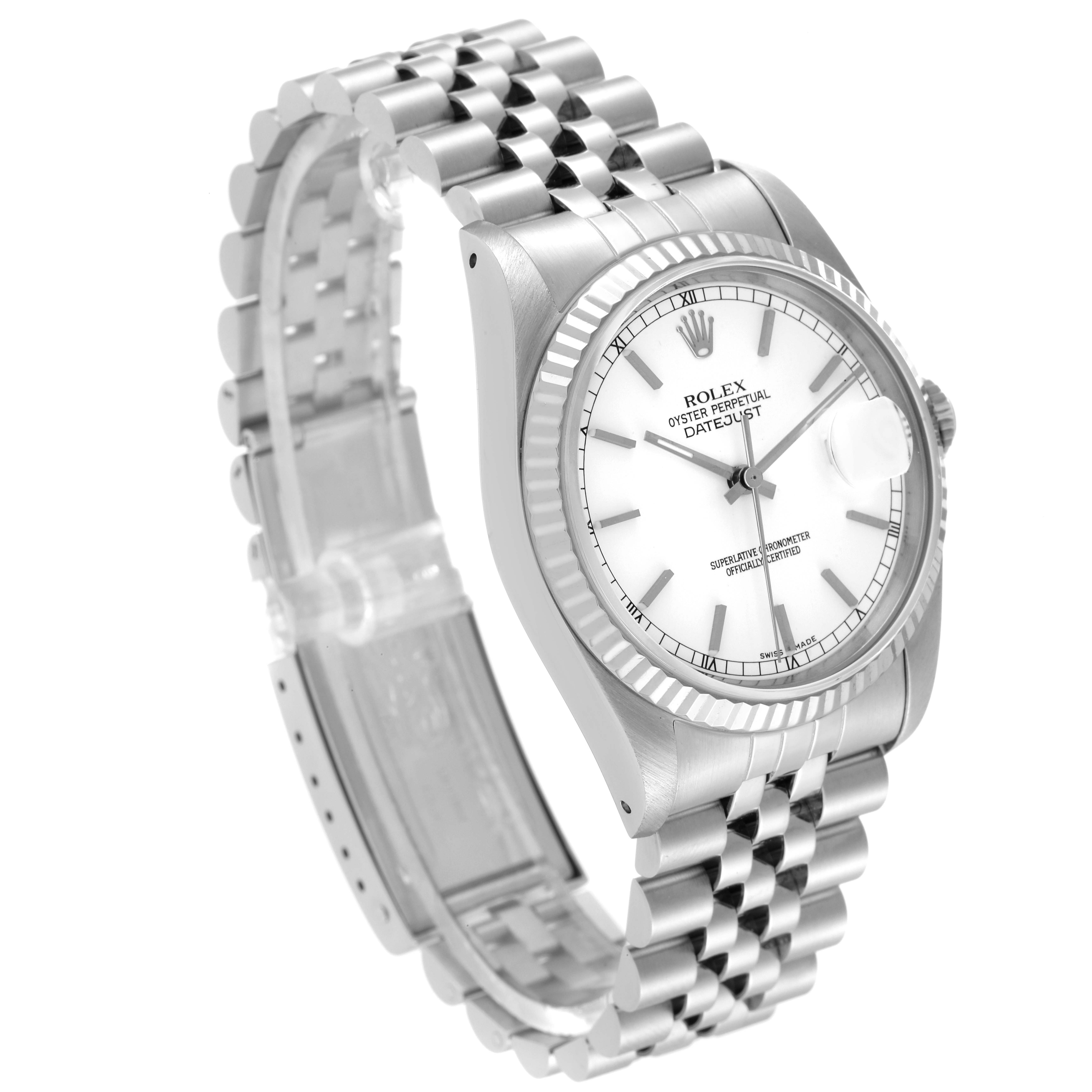 The image shows a Rolex Datejust 16234 Men's Stainless Steel White Dial 16234 Men's Stainless Steel White Dial watch from a three-quarter angle, highlighting its face, case, and bracelet.