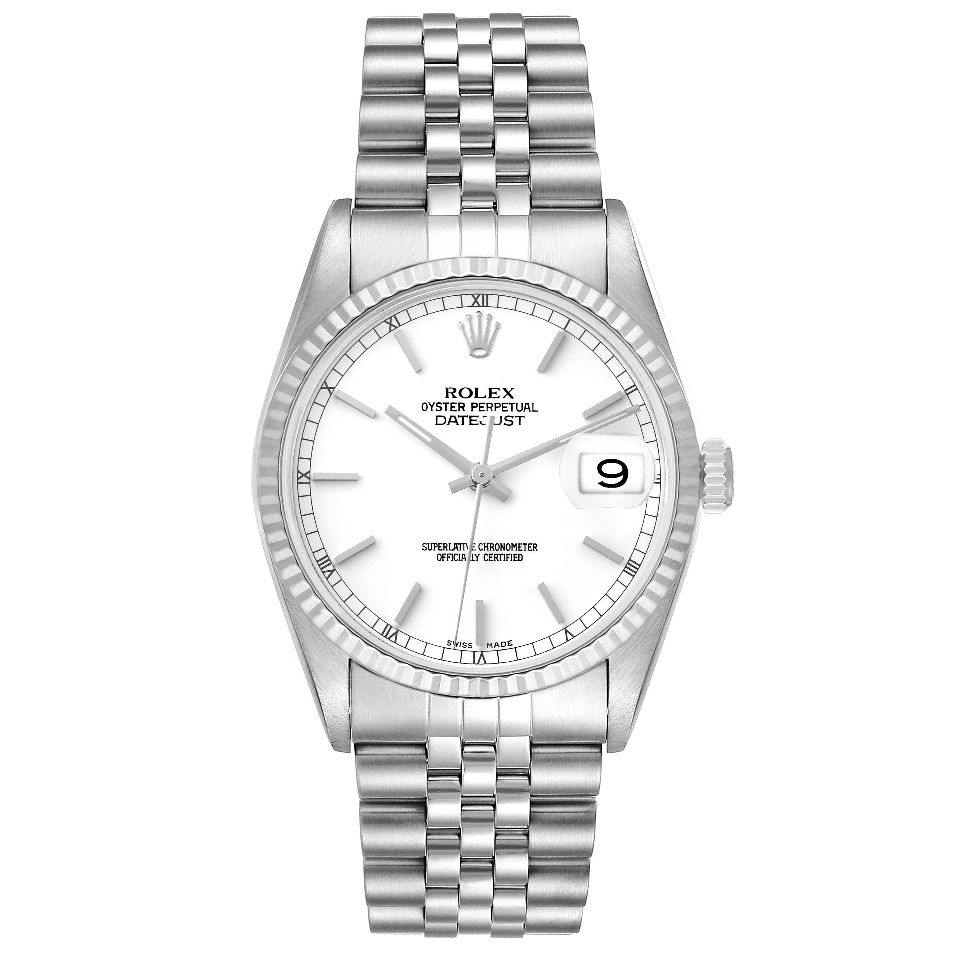 This image shows a front view of the Rolex Datejust 16234 Men's Stainless Steel White Dial 16234 Men's Stainless Steel White Dial watch, showcasing its dial, bezel, and Jubilee bracelet.