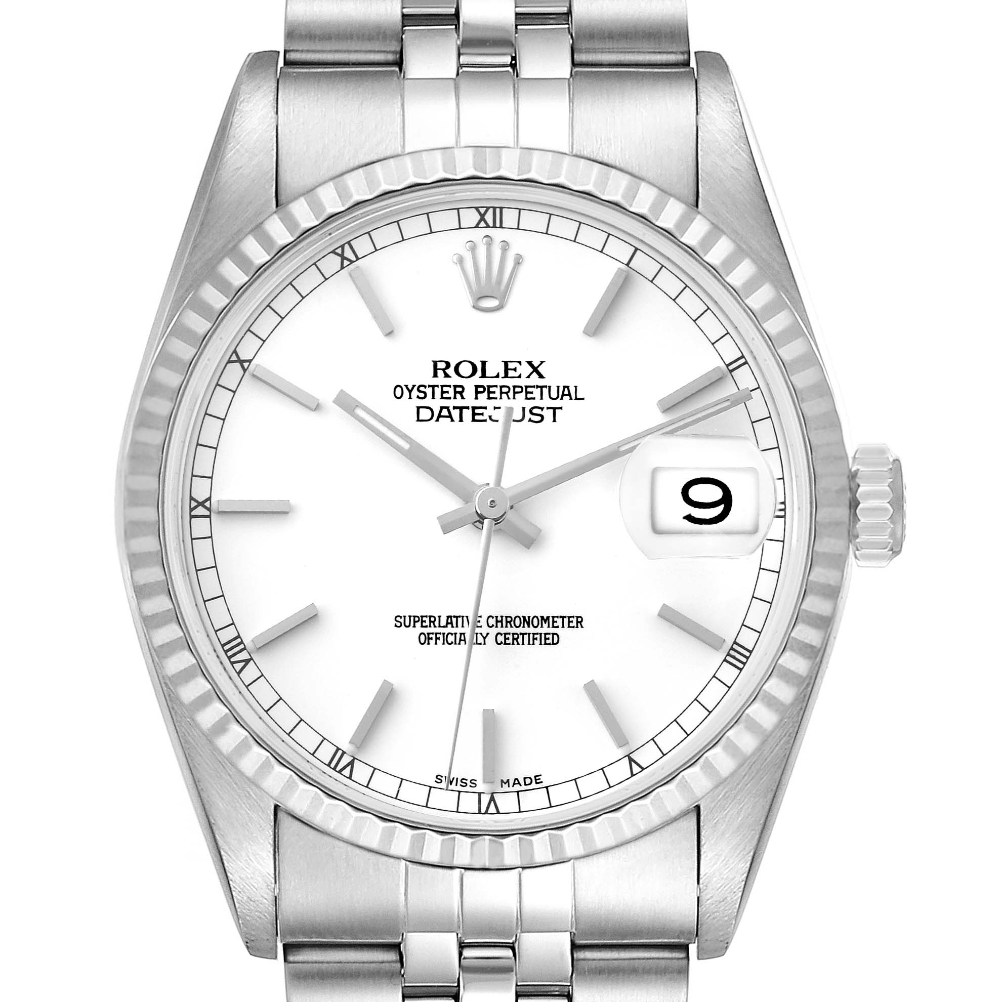 This image shows a front view of a Rolex Datejust 16234 Men's Stainless Steel White Dial 16234 Men's Stainless Steel White Dial watch, highlighting the dial, bezel, bracelet, and date window.