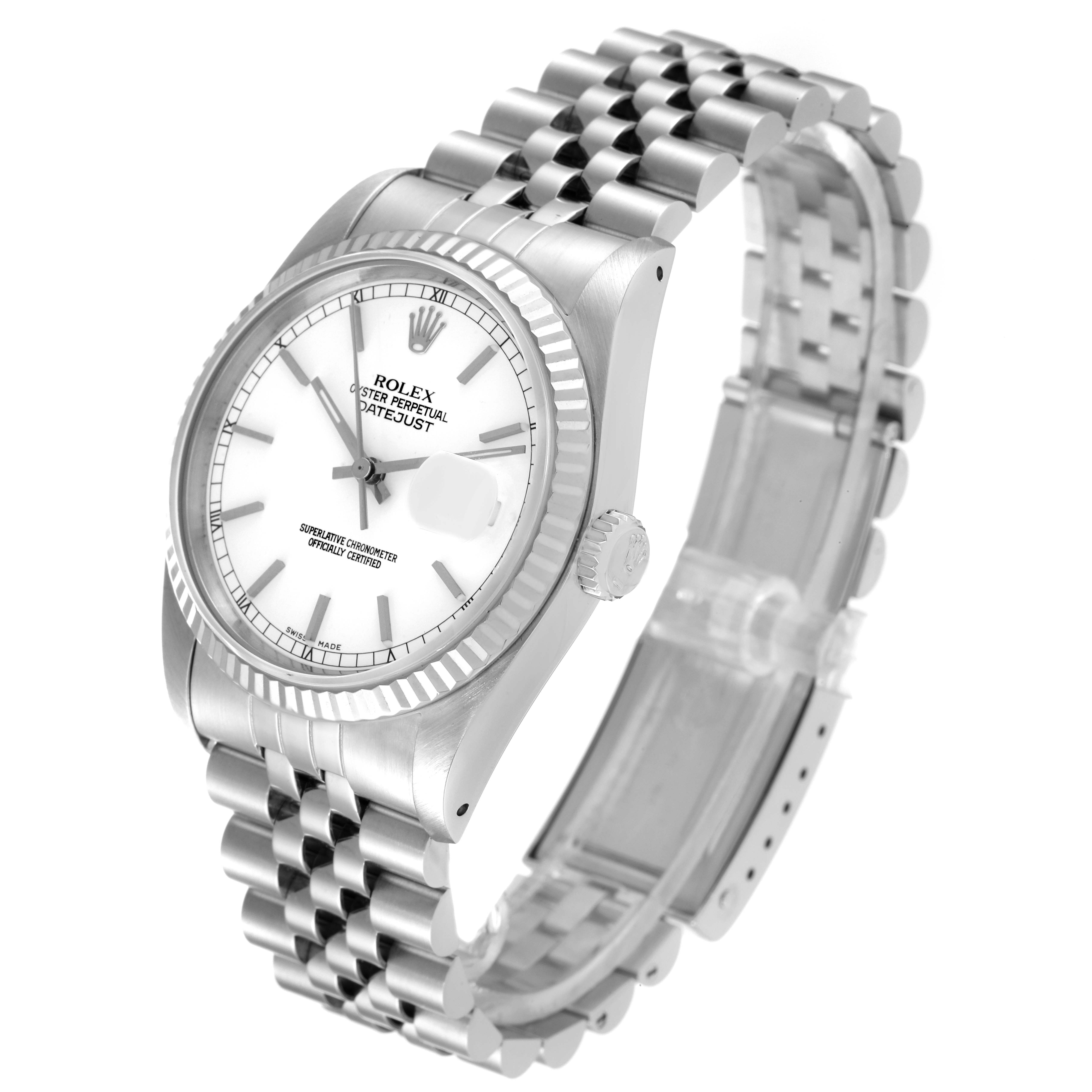 The image shows an angled view of a Rolex Datejust 16234 Men's Stainless Steel White Dial 16234 Men's Stainless Steel White Dial watch, displaying the face, crown, bezel, and bracelet.