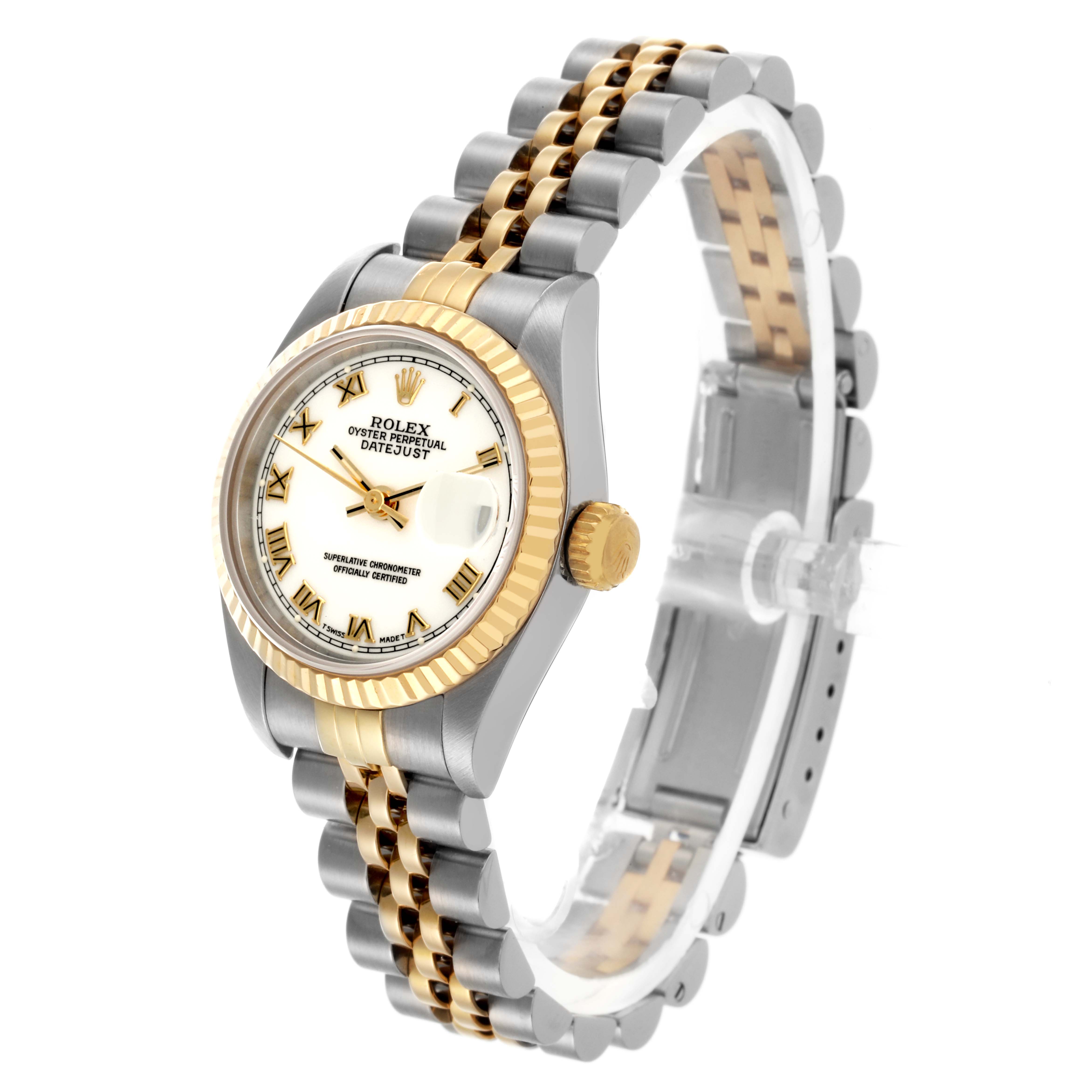 The Rolex Datejust 69173 Women's Steel and Gold (two tone) White Dial 69173 Women's Steel and Gold (two tone) White Dial watch is shown at a slight side angle, displaying the face, crown, and two-tone bracelet.