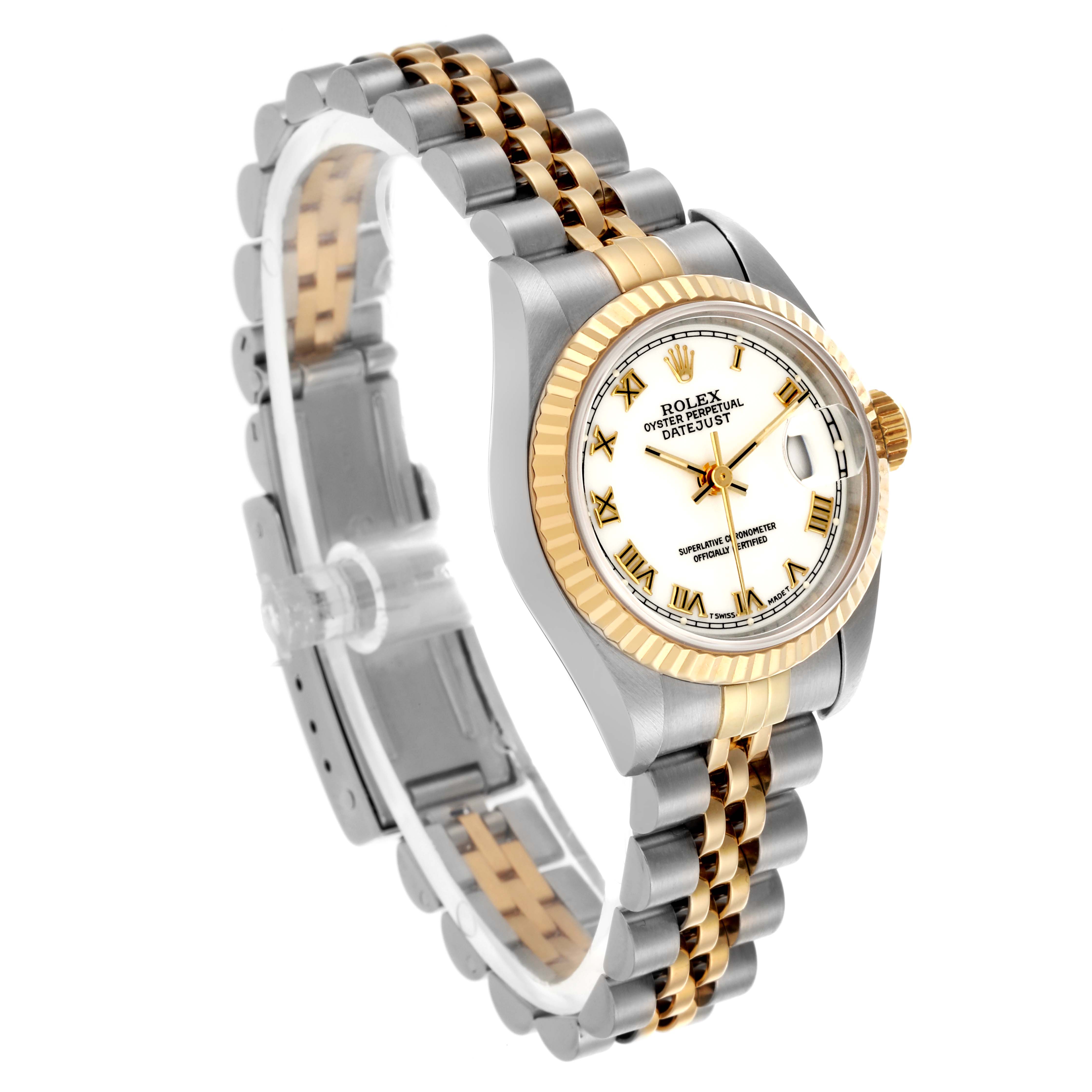 The Rolex Datejust 69173 Women's Steel and Gold (two tone) White Dial 69173 Women's Steel and Gold (two tone) White Dial watch is shown at an angled side view, displaying its white dial, gold bezel, and two-tone bracelet.