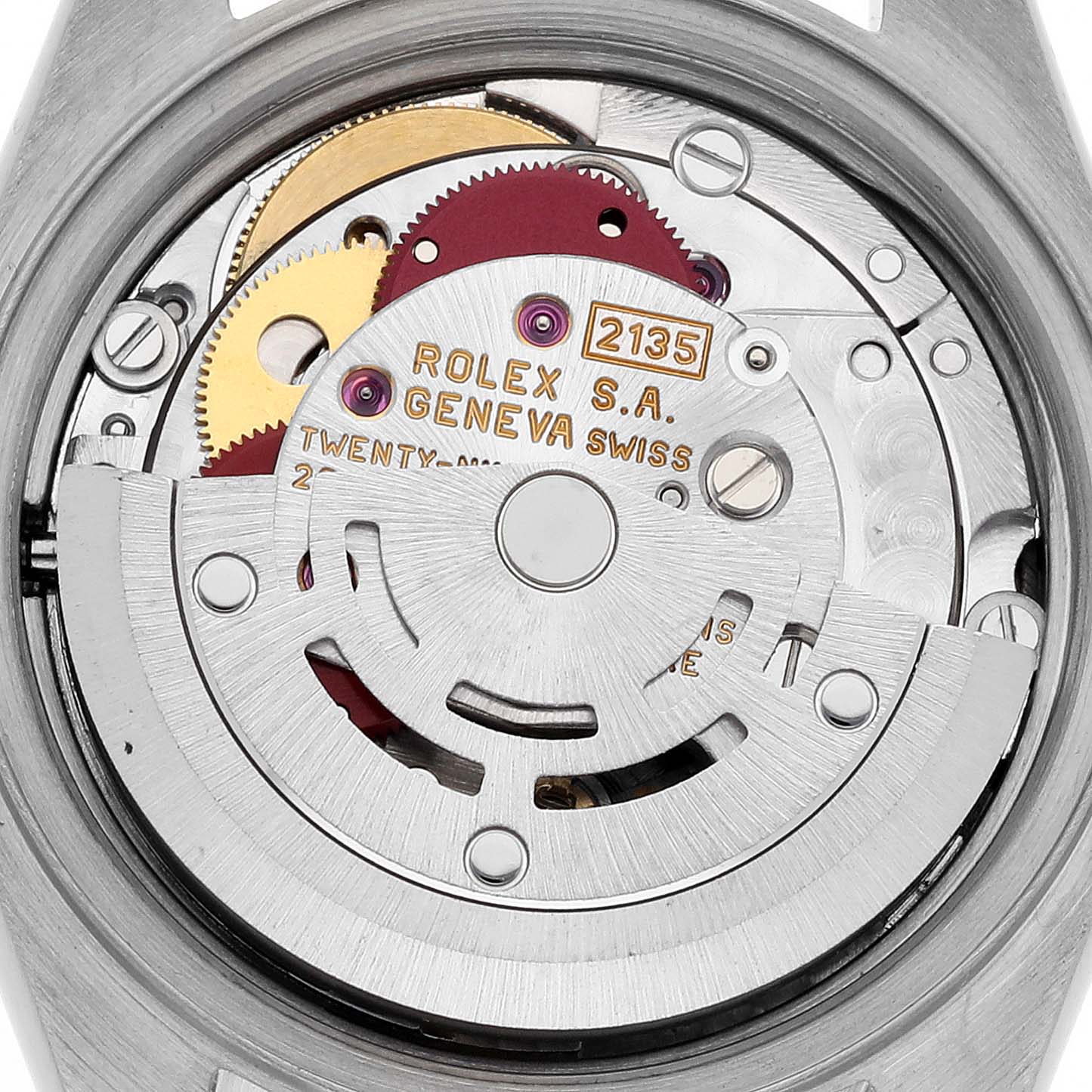 The image shows the movement mechanism of a Rolex Datejust 69173 Women's Steel and Gold (two tone) White Dial 69173 Women's Steel and Gold (two tone) White Dial watch from a back angle, revealing gears and winding rotor.