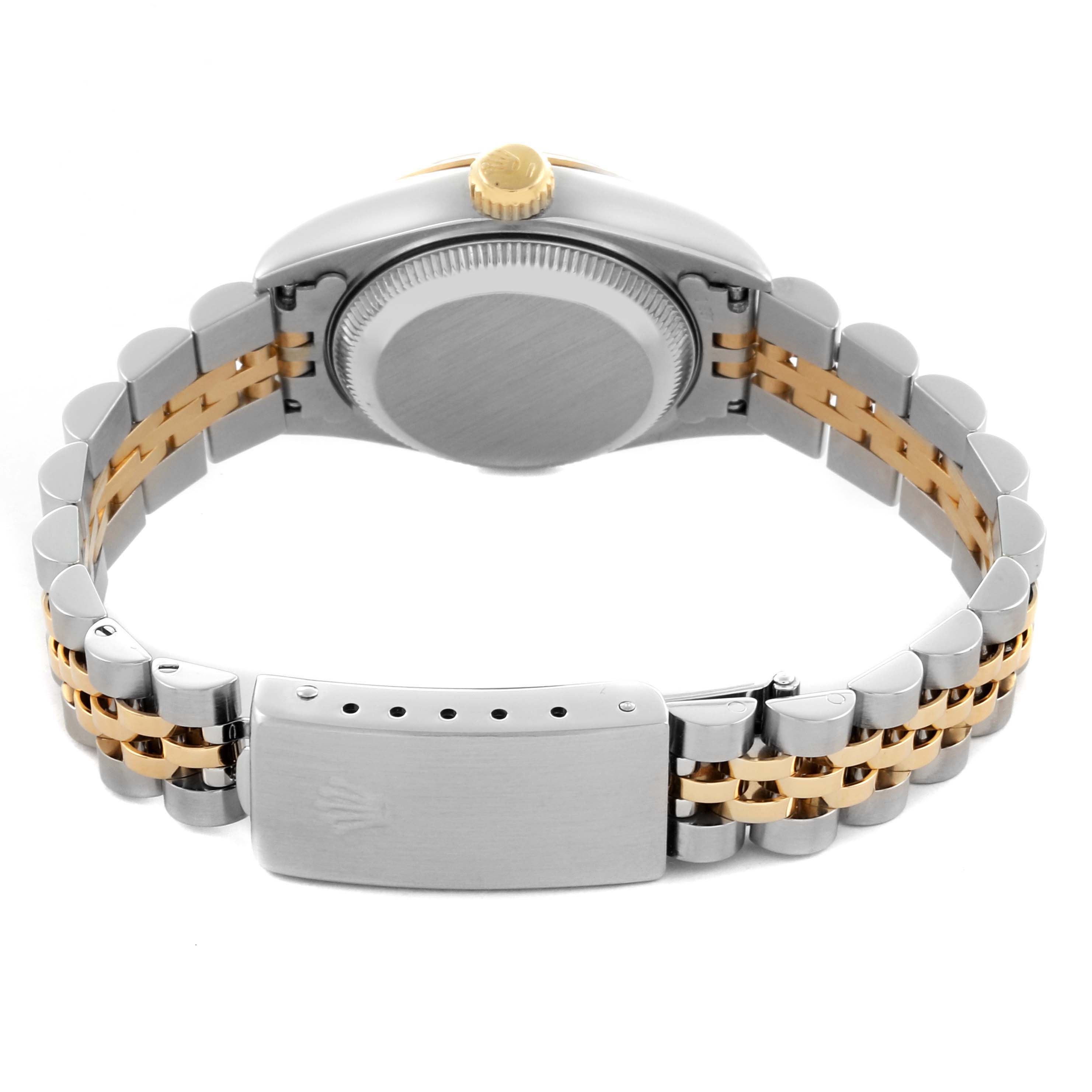 The image shows a back view of the Rolex Datejust 69173 Women's Steel and Gold (two tone) White Dial 69173 Women's Steel and Gold (two tone) White Dial, highlighting the bracelet, clasp, and case back.