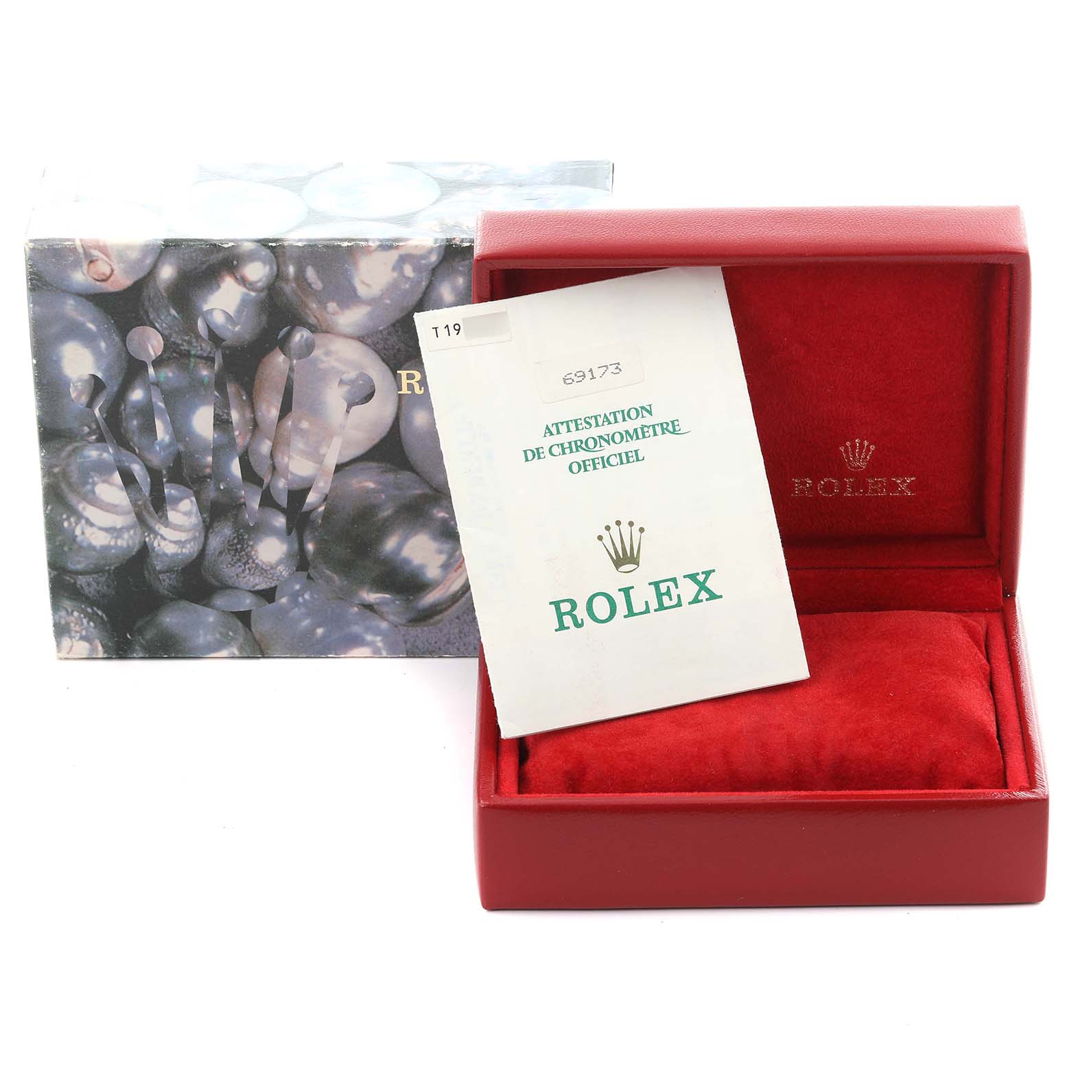 The image shows a Rolex Datejust 69173 Women's Steel and Gold (two tone) White Dial 69173 Women's Steel and Gold (two tone) White Dial watch box, an official chronometer certificate, and an outer box with a pearl pattern.