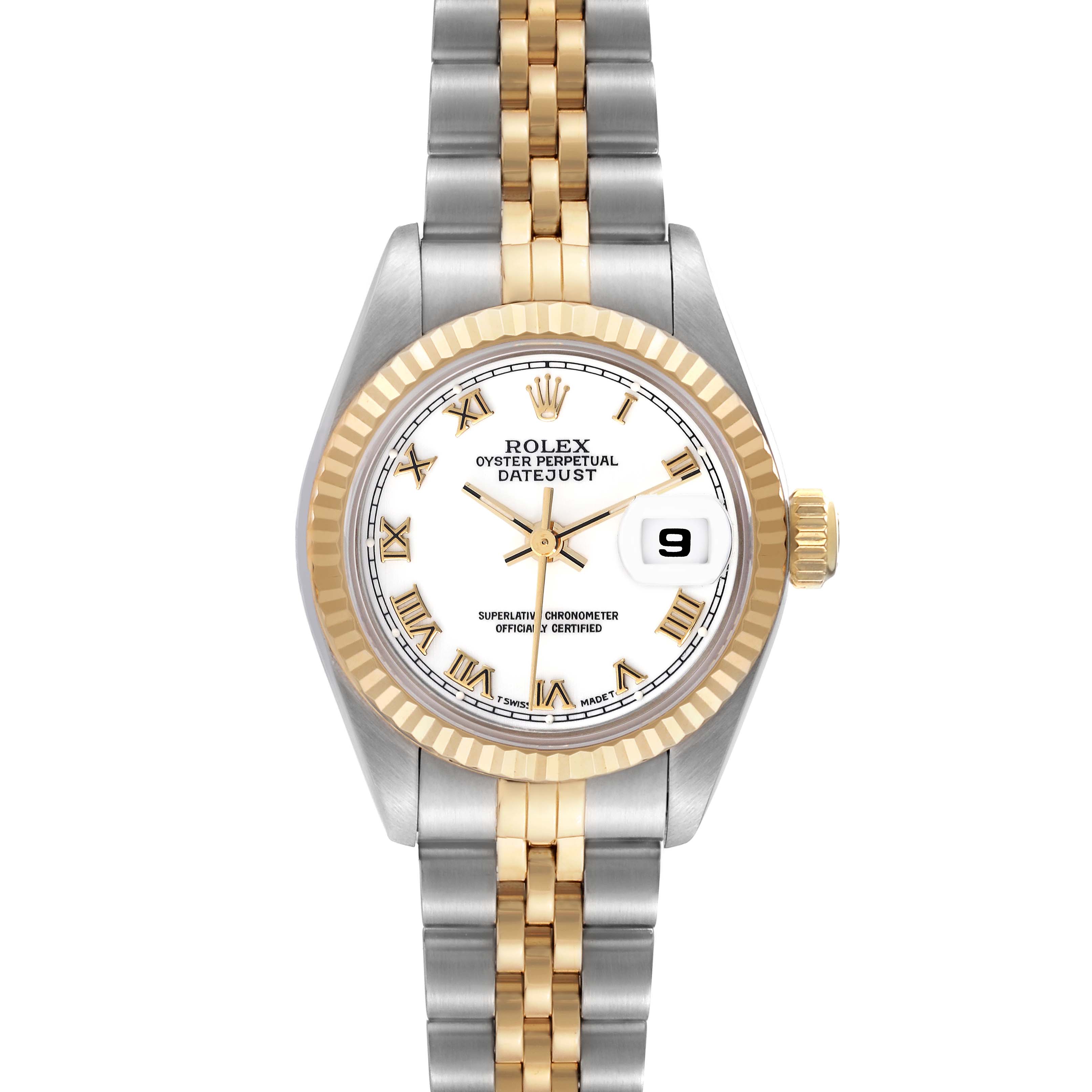 The Rolex Datejust 69173 Women's Steel and Gold (two tone) White Dial 69173 Women's Steel and Gold (two tone) White Dial watch is shown from the front, displaying the dial, hands, bezel, and bracelet.