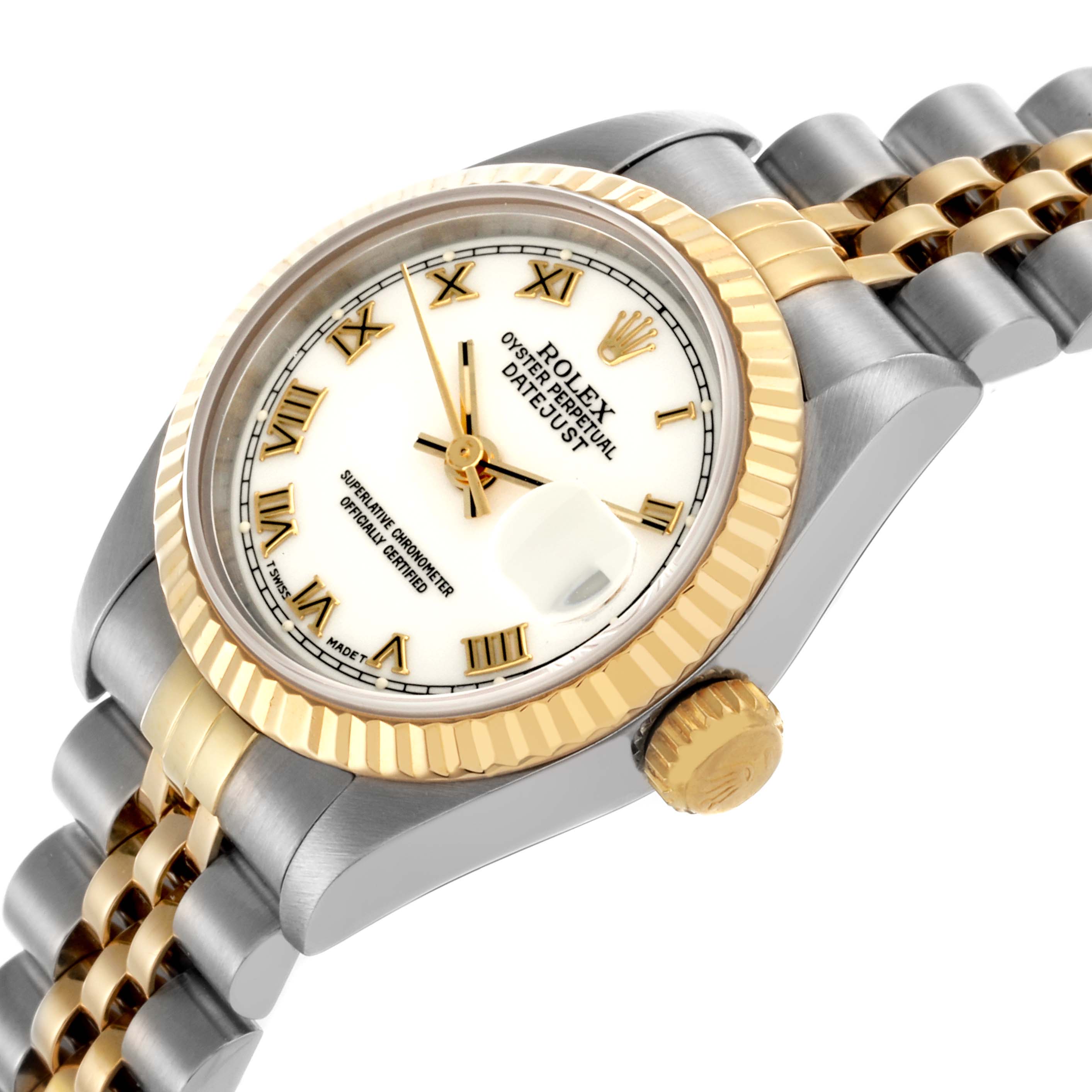 The Rolex Datejust 69173 Women's Steel and Gold (two tone) White Dial 69173 Women's Steel and Gold (two tone) White Dial watch is shown at a three-quarter angle, highlighting the dial, bezel, and part of the bracelet.