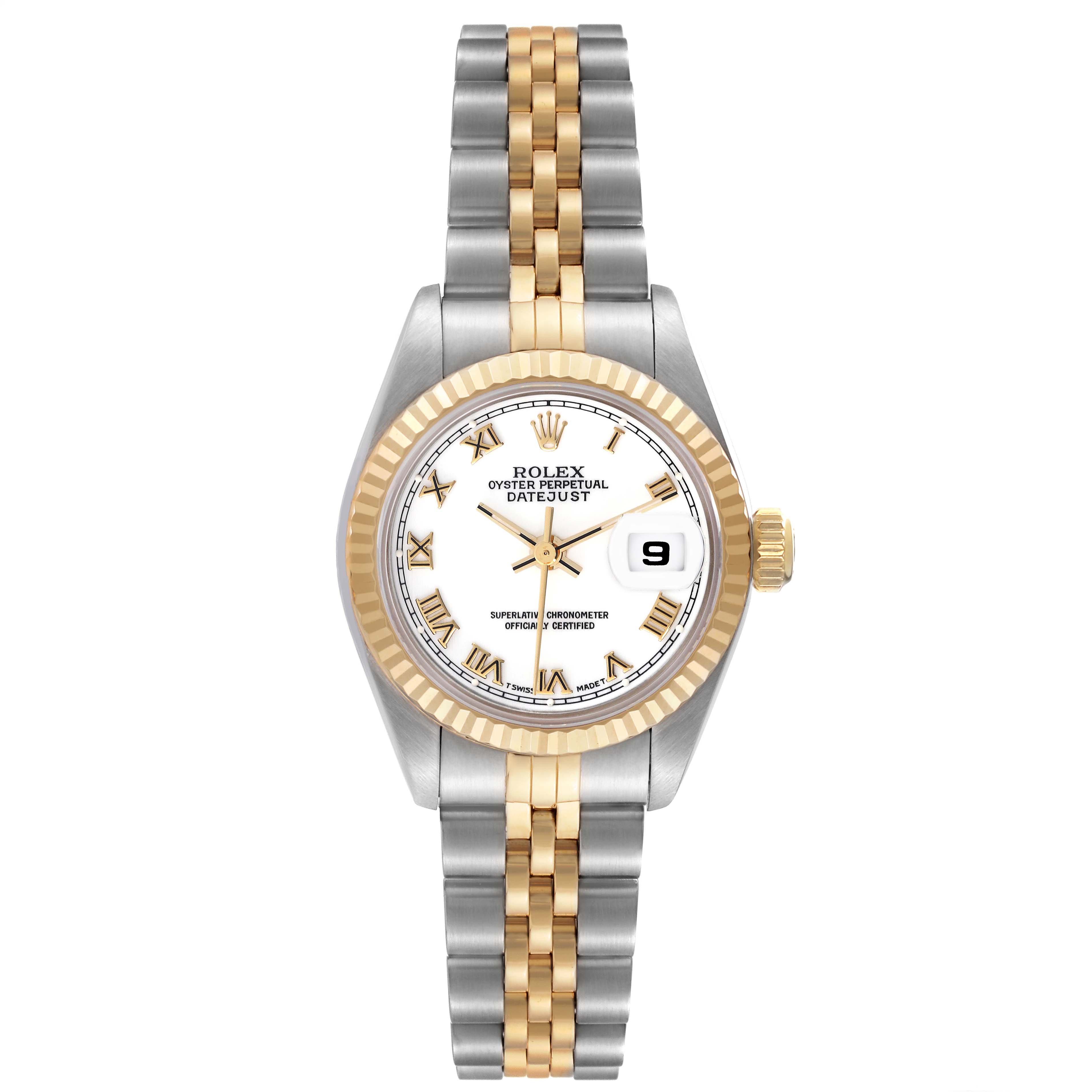 The Rolex Datejust 69173 Women's Steel and Gold (two tone) White Dial 69173 Women's Steel and Gold (two tone) White Dial watch is shown from the front, displaying the dial, bezel, and two-tone bracelet.