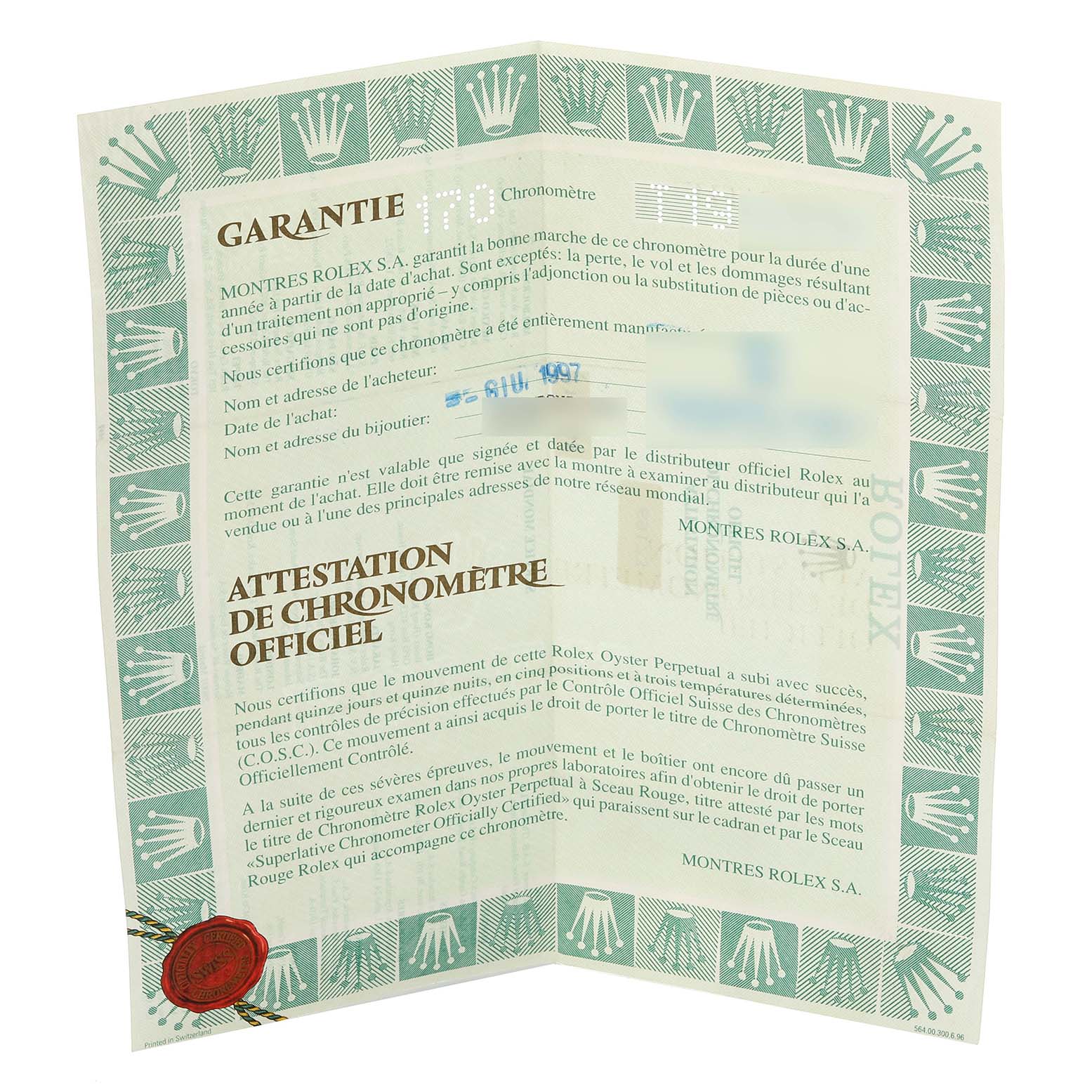 The image shows a warranty and chronometer certificate for a Rolex Datejust 69173 Women's Steel and Gold (two tone) White Dial 69173 Women's Steel and Gold (two tone) White Dial watch.