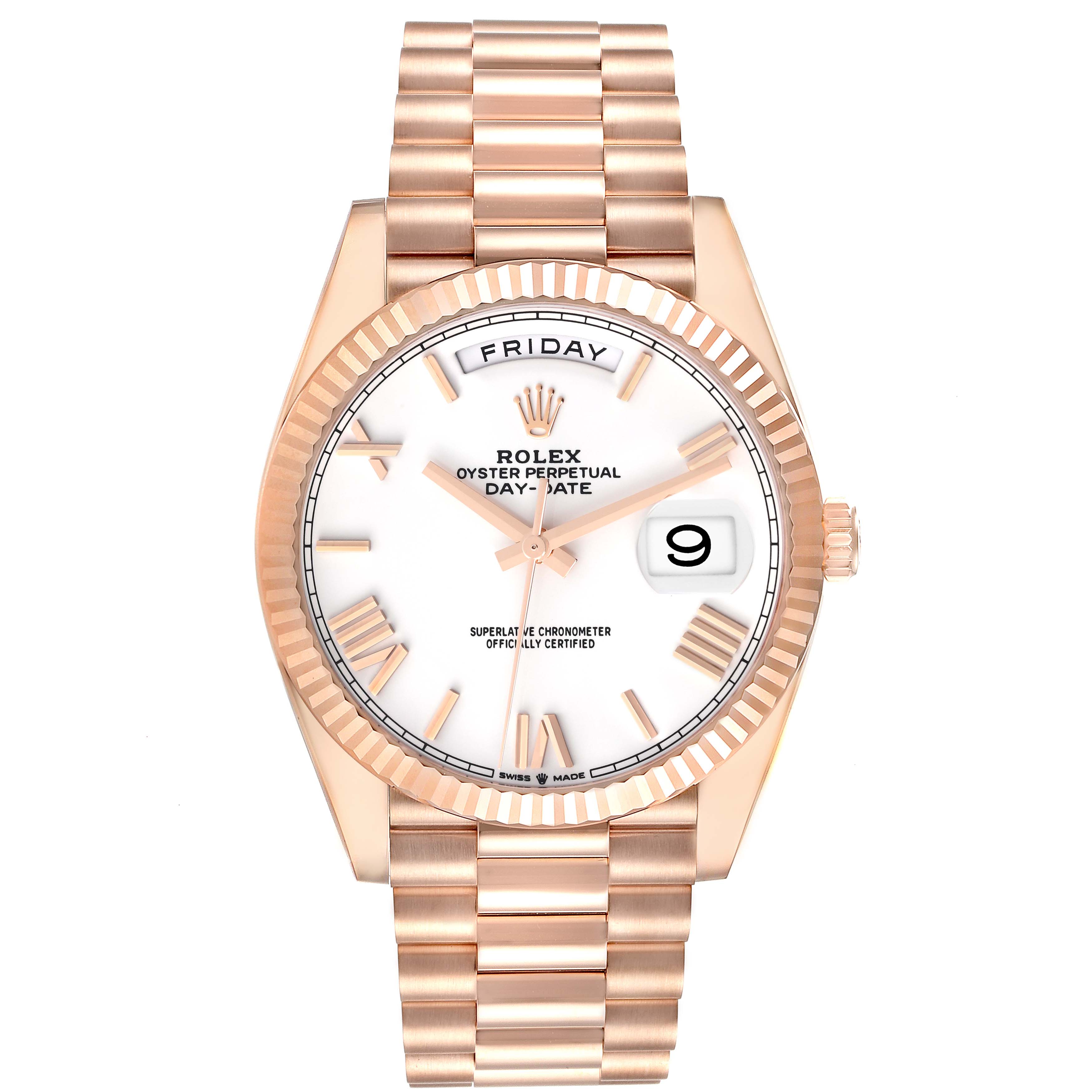 The Rolex President 228235 Men's Rose Gold White Dial 228235 Men's Rose Gold White Dial model is shown from the front, displaying the dial, bezel, and bracelet.