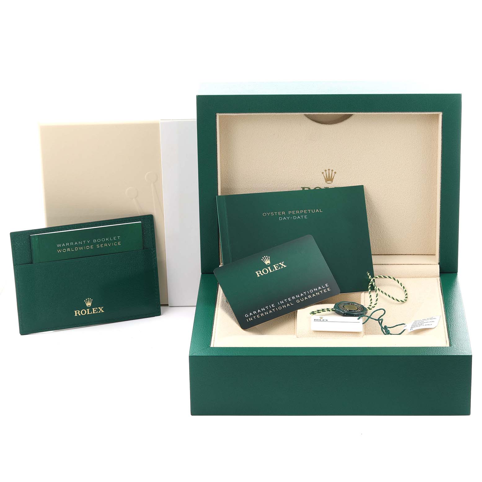 The image shows a Rolex President 228235 Men's Rose Gold White Dial 228235 Men's Rose Gold White Dial model box with booklets, a warranty card, and tags, viewed from the front.