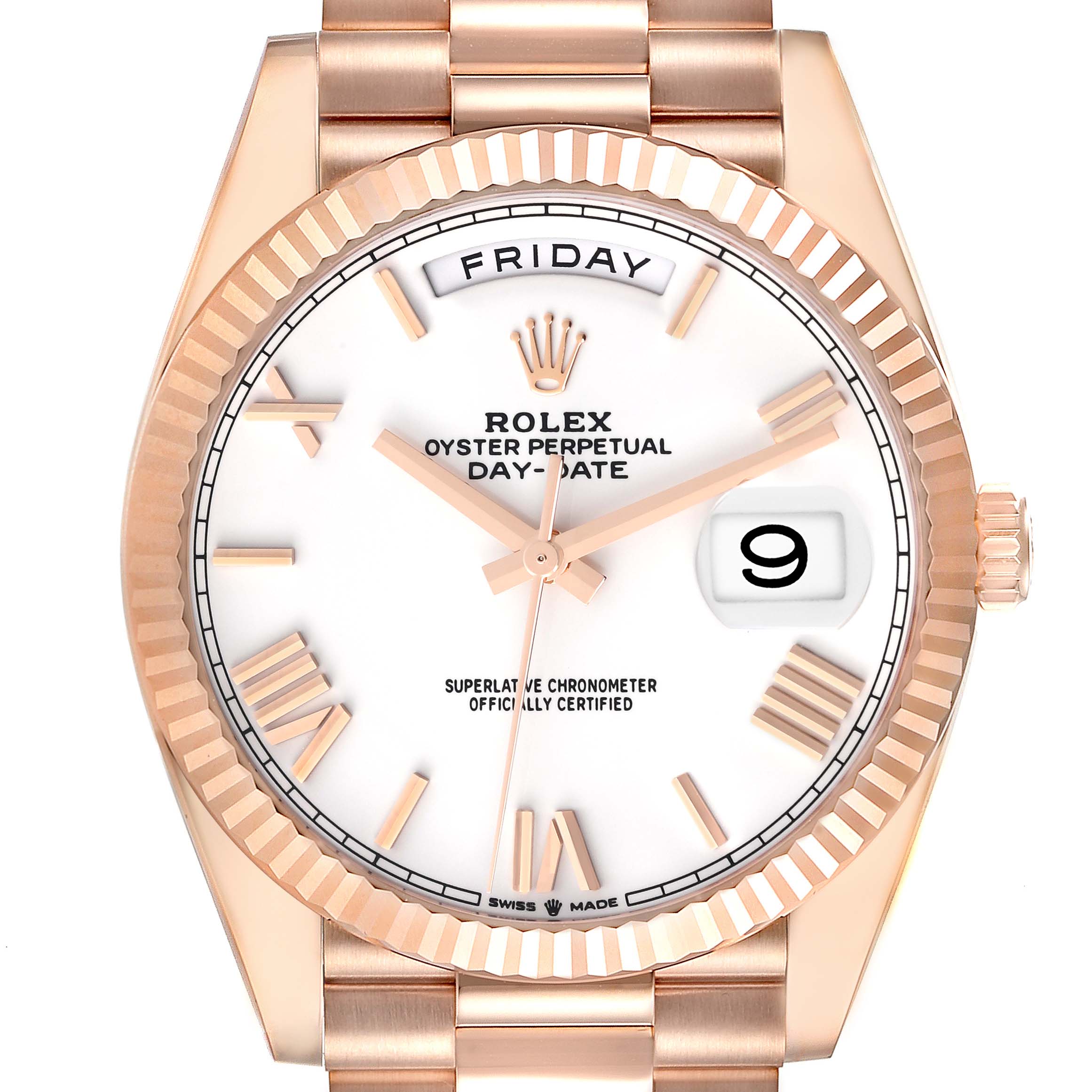 The Rolex President 228235 Men's Rose Gold White Dial 228235 Men's Rose Gold White Dial watch is shown from the front, featuring a white dial, day-date display, fluted bezel, and bracelet.