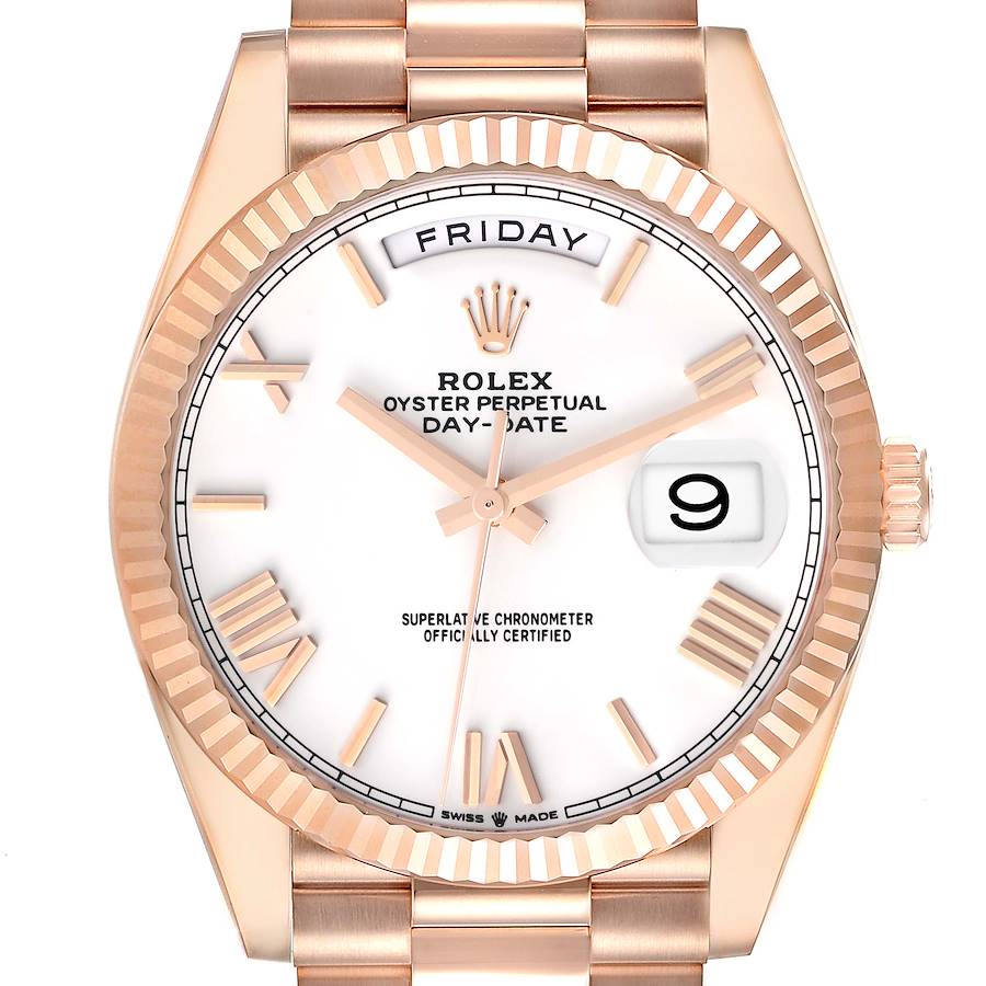 The Rolex President watch is shown from the front, featuring a white dial, day-date display, fluted bezel, and bracelet.