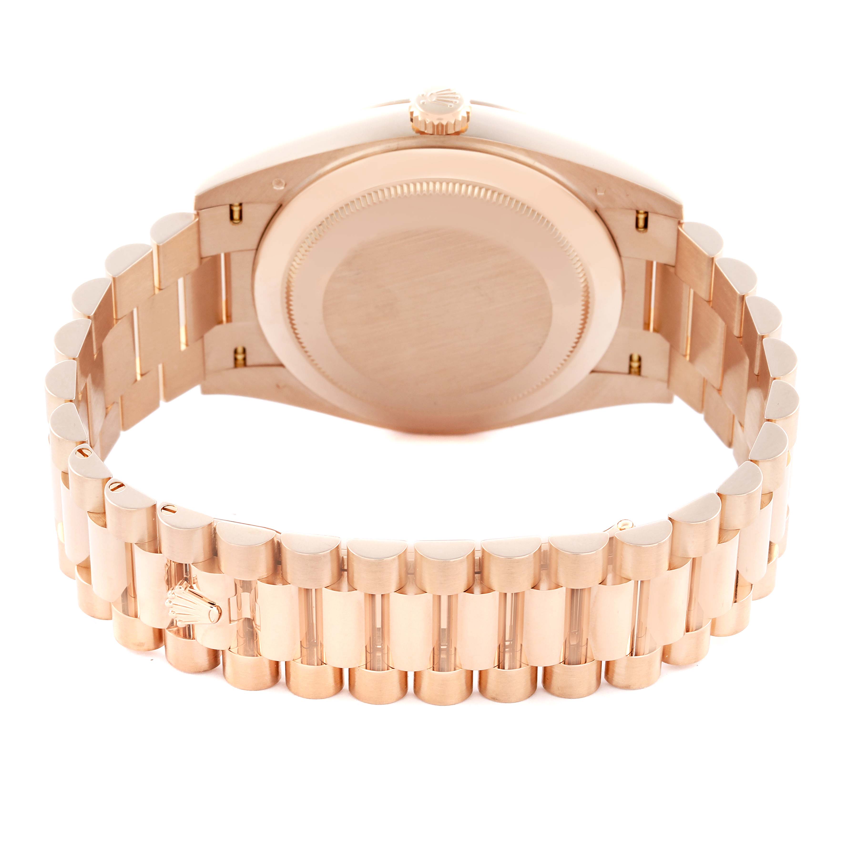 The image shows the back of the Rolex President 228235 Men's Rose Gold White Dial 228235 Men's Rose Gold White Dial watch, highlighting the case and bracelet from a rear angle.