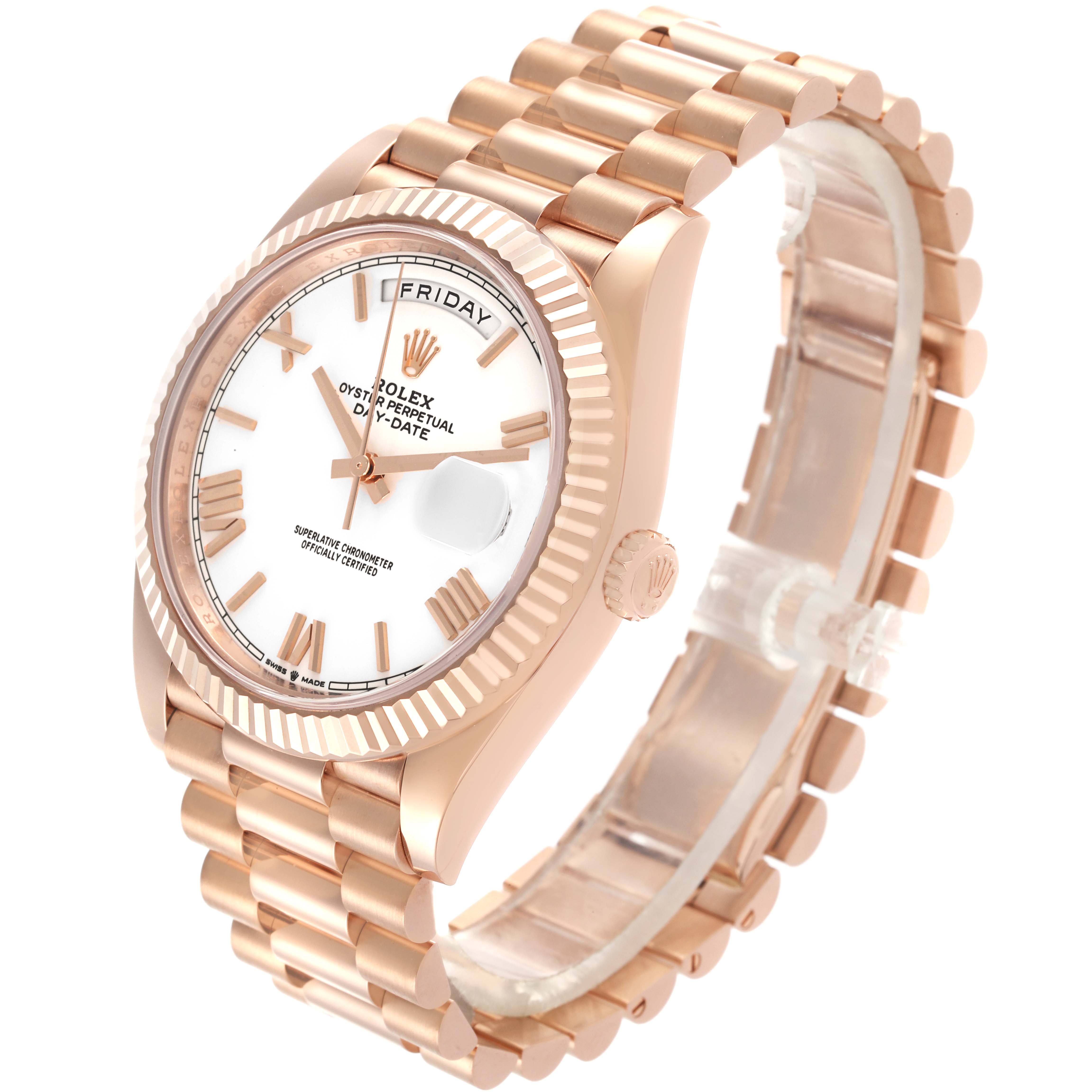 The Rolex President 228235 Men's Rose Gold White Dial 228235 Men's Rose Gold White Dial watch is shown at an angled side view, highlighting its bracelet, bezel, crown, and dial.