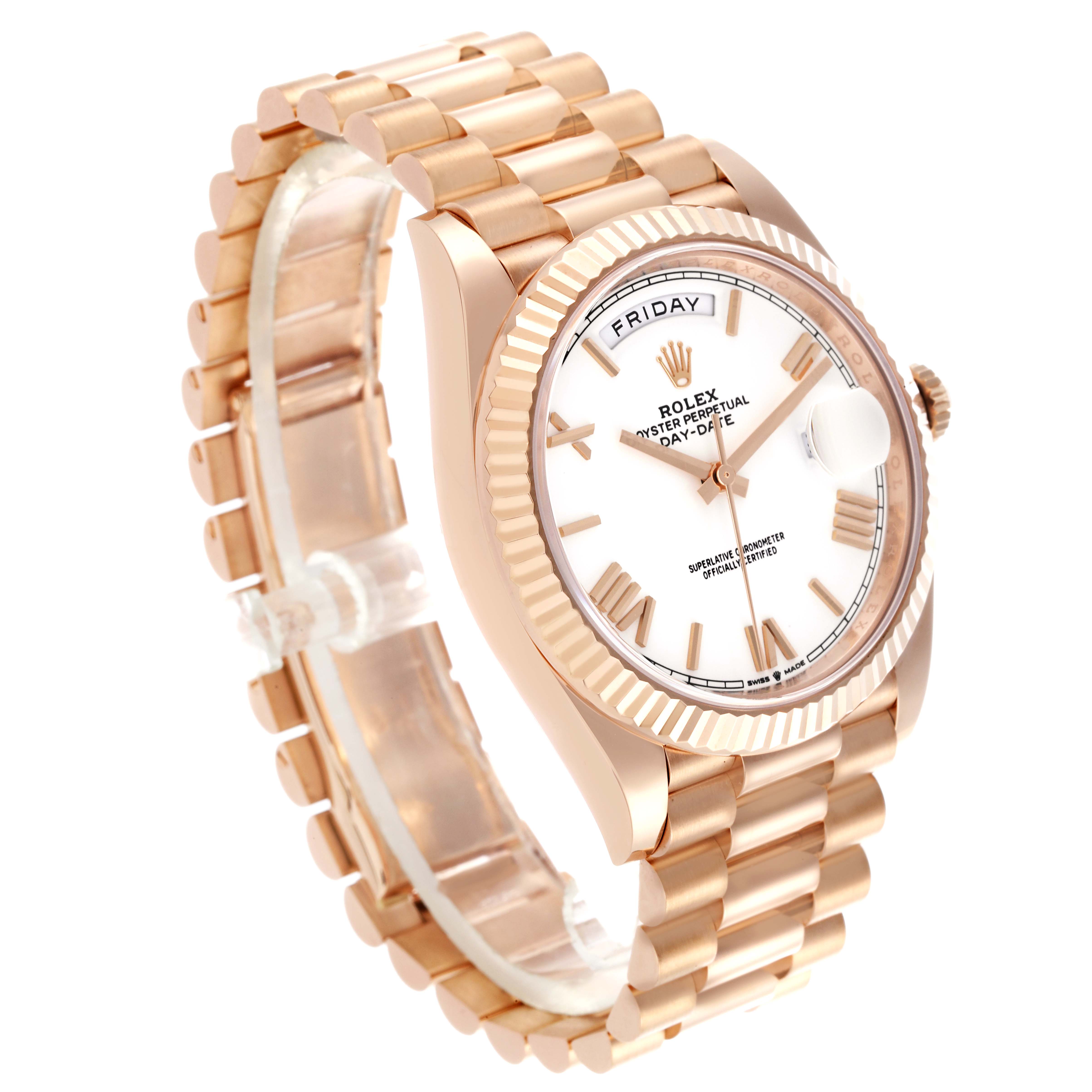 The Rolex President 228235 Men's Rose Gold White Dial 228235 Men's Rose Gold White Dial watch is shown at an angled view, highlighting the bracelet, dial, and fluted bezel.