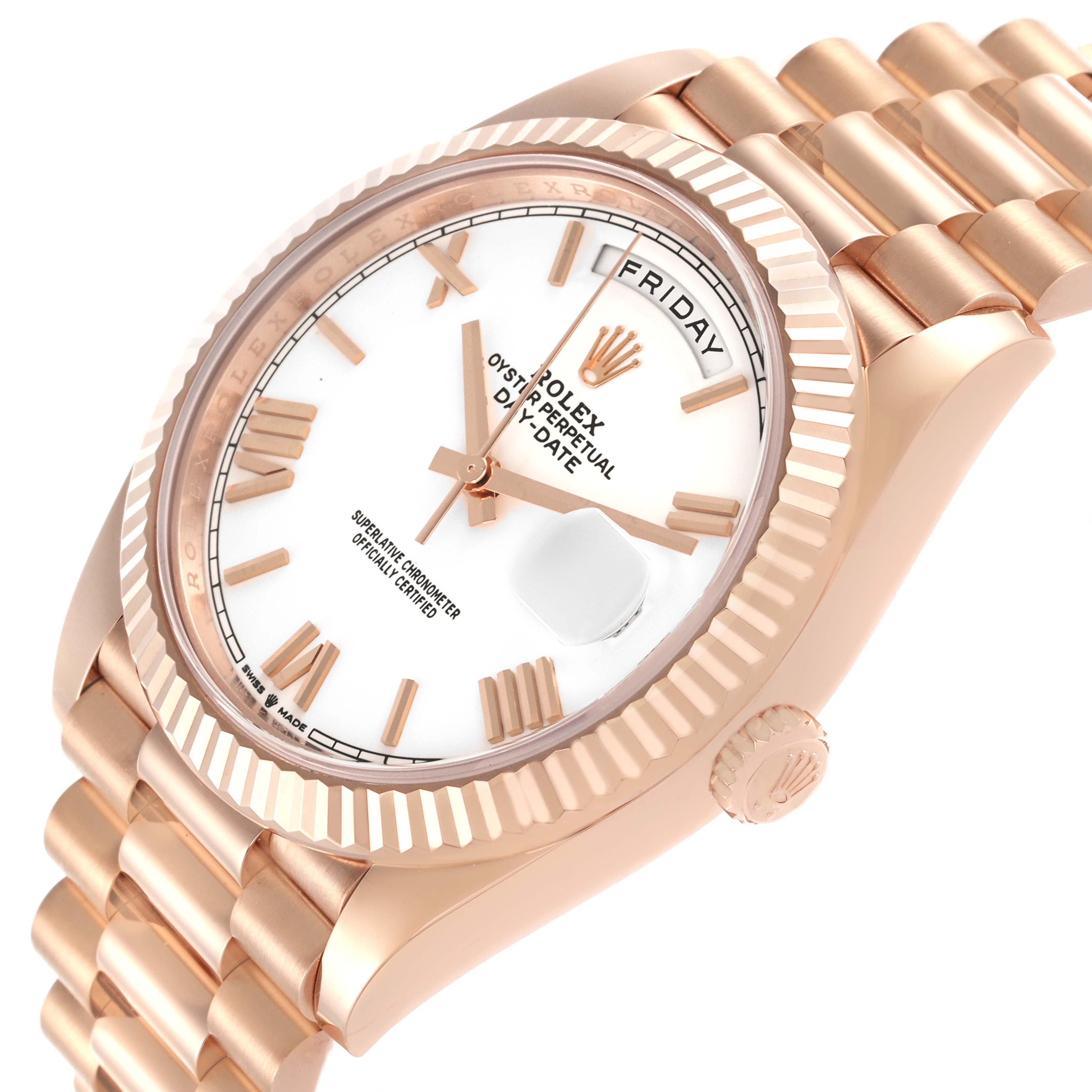 The image shows the Rolex President 228235 Men's Rose Gold White Dial 228235 Men's Rose Gold White Dial model at an angled view, highlighting the face, bezel, and part of the bracelet.