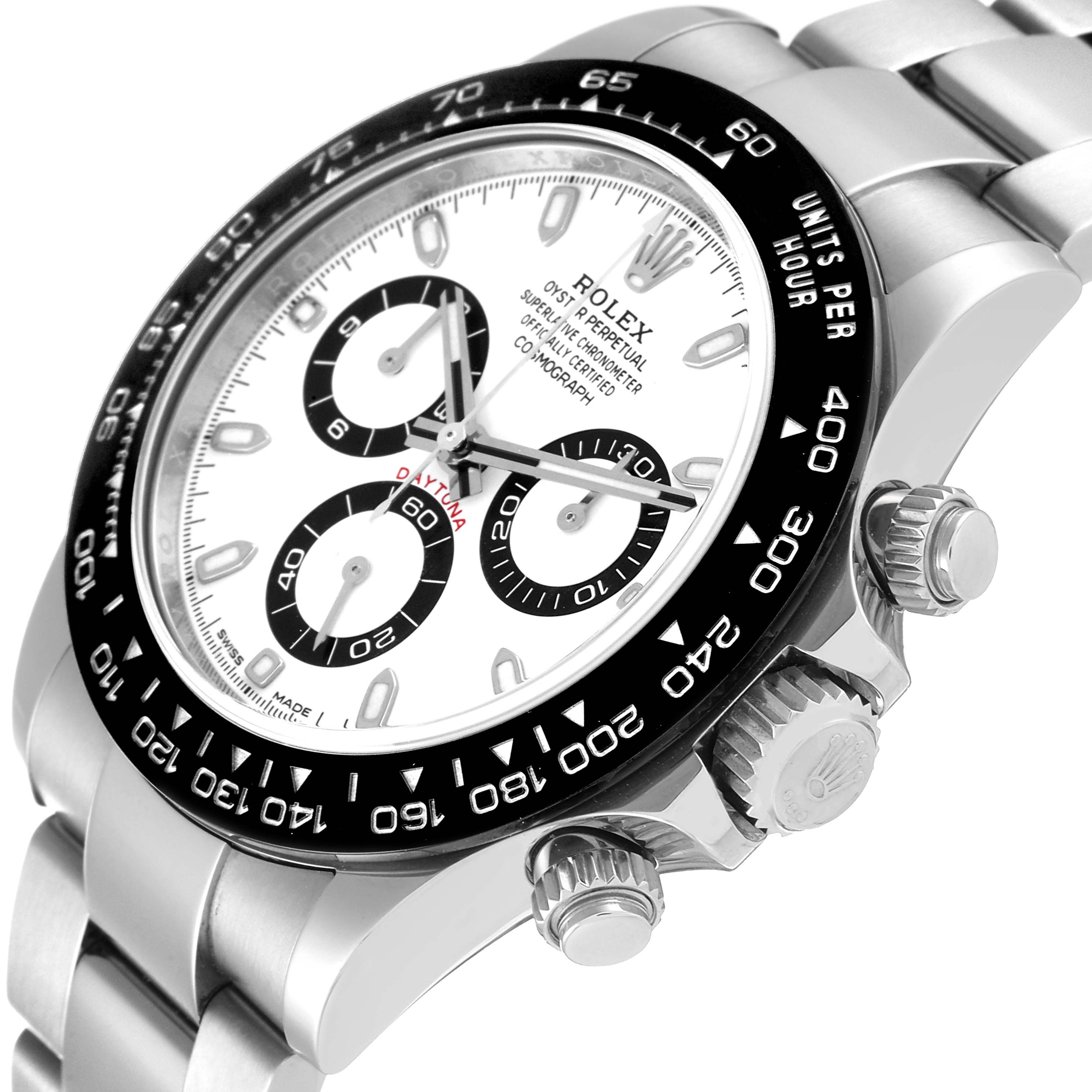 This image shows a close-up side angle of the Rolex Daytona 116500 Men's Stainless Steel White Dial 116500 Men's Stainless Steel White Dial watch, highlighting the bezel, dial, and pushers.