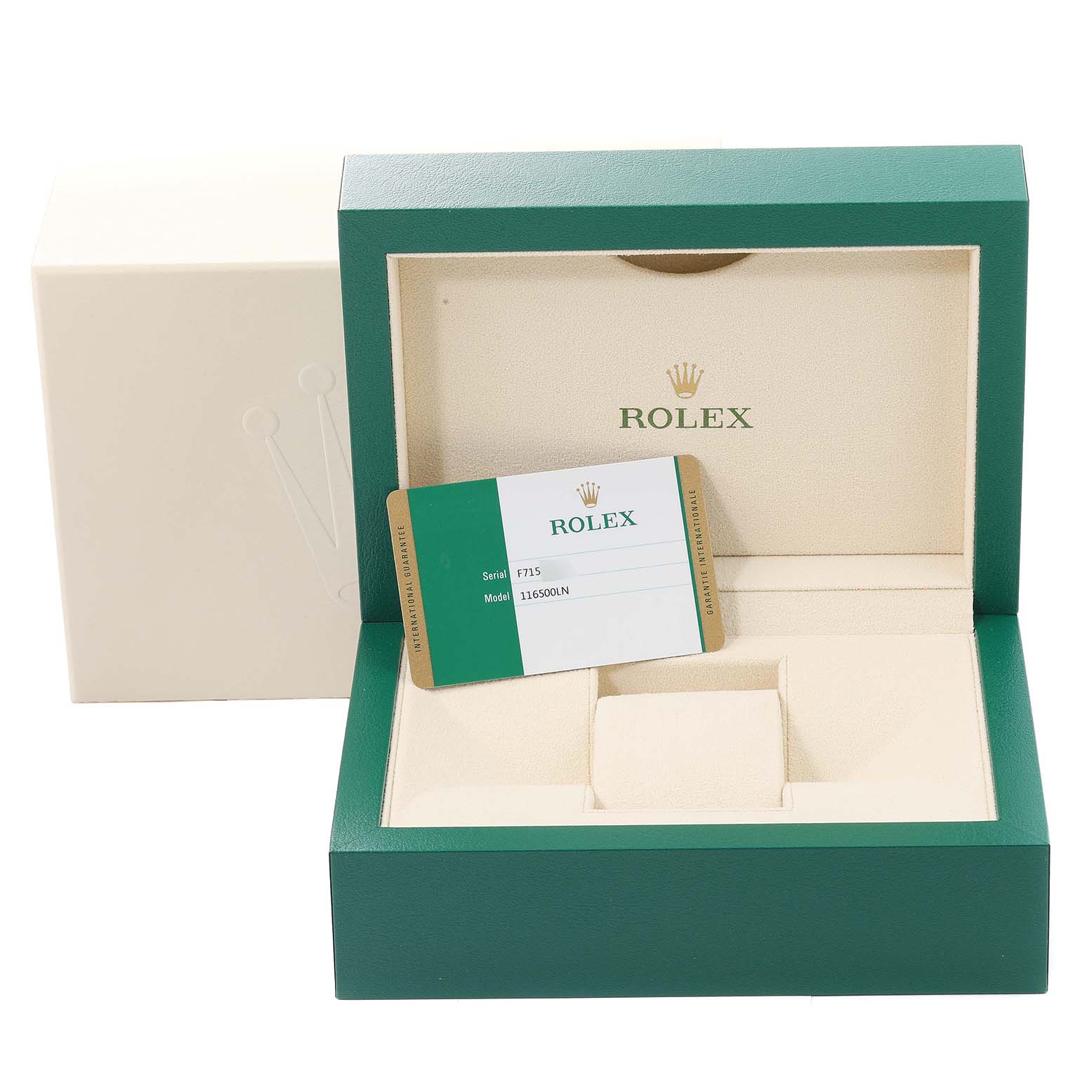 The image shows an open Rolex Daytona 116500 Men's Stainless Steel White Dial 116500 Men's Stainless Steel White Dial watch box and an authenticity card, with the watch missing.