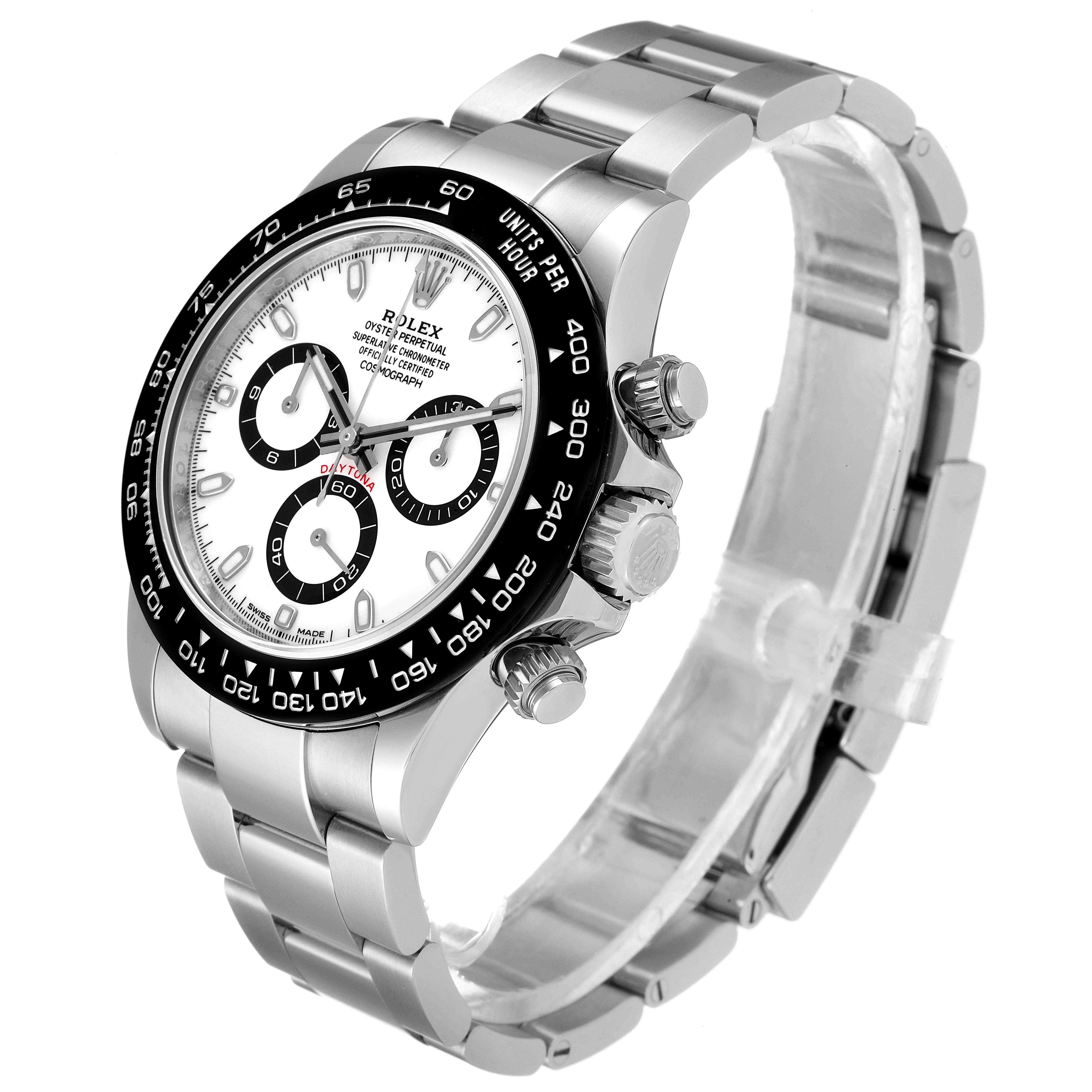 This image shows a side profile and partial front view of a Rolex Daytona 116500 Men's Stainless Steel White Dial 116500 Men's Stainless Steel White Dial watch, highlighting the bezel, dial, and chronograph pushers.