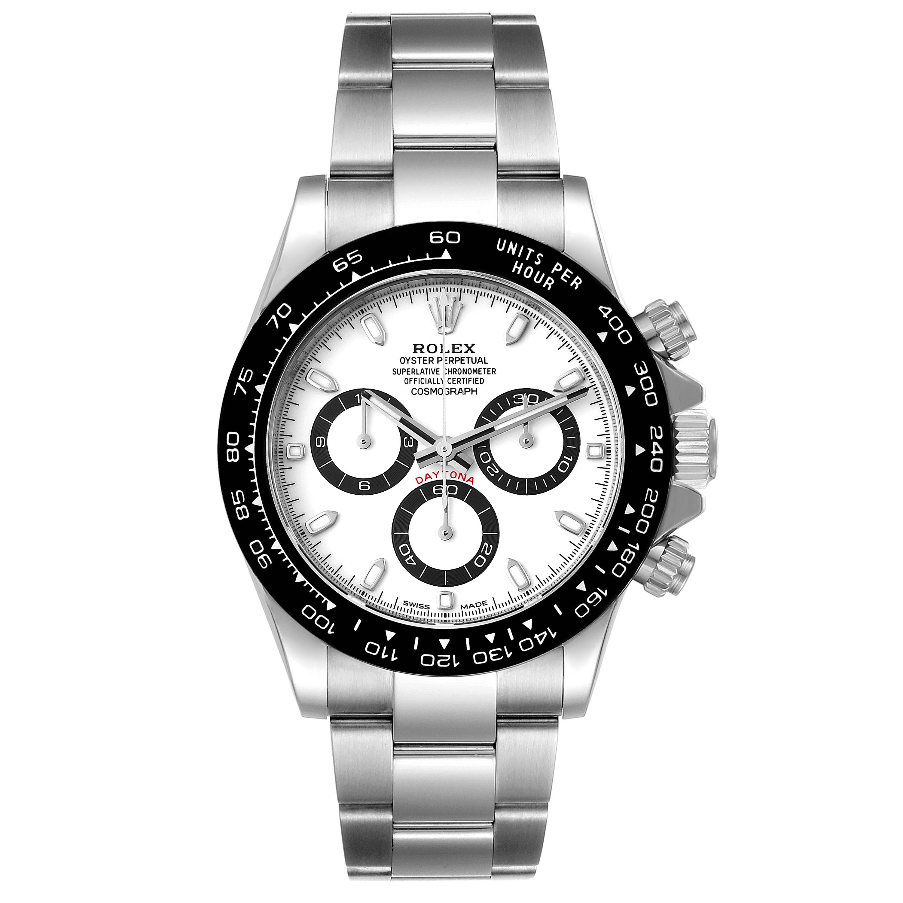 This image shows a front view of a Rolex Daytona 116500 Men's Stainless Steel White Dial 116500 Men's Stainless Steel White Dial watch, displaying its face, bezel, and bracelet.