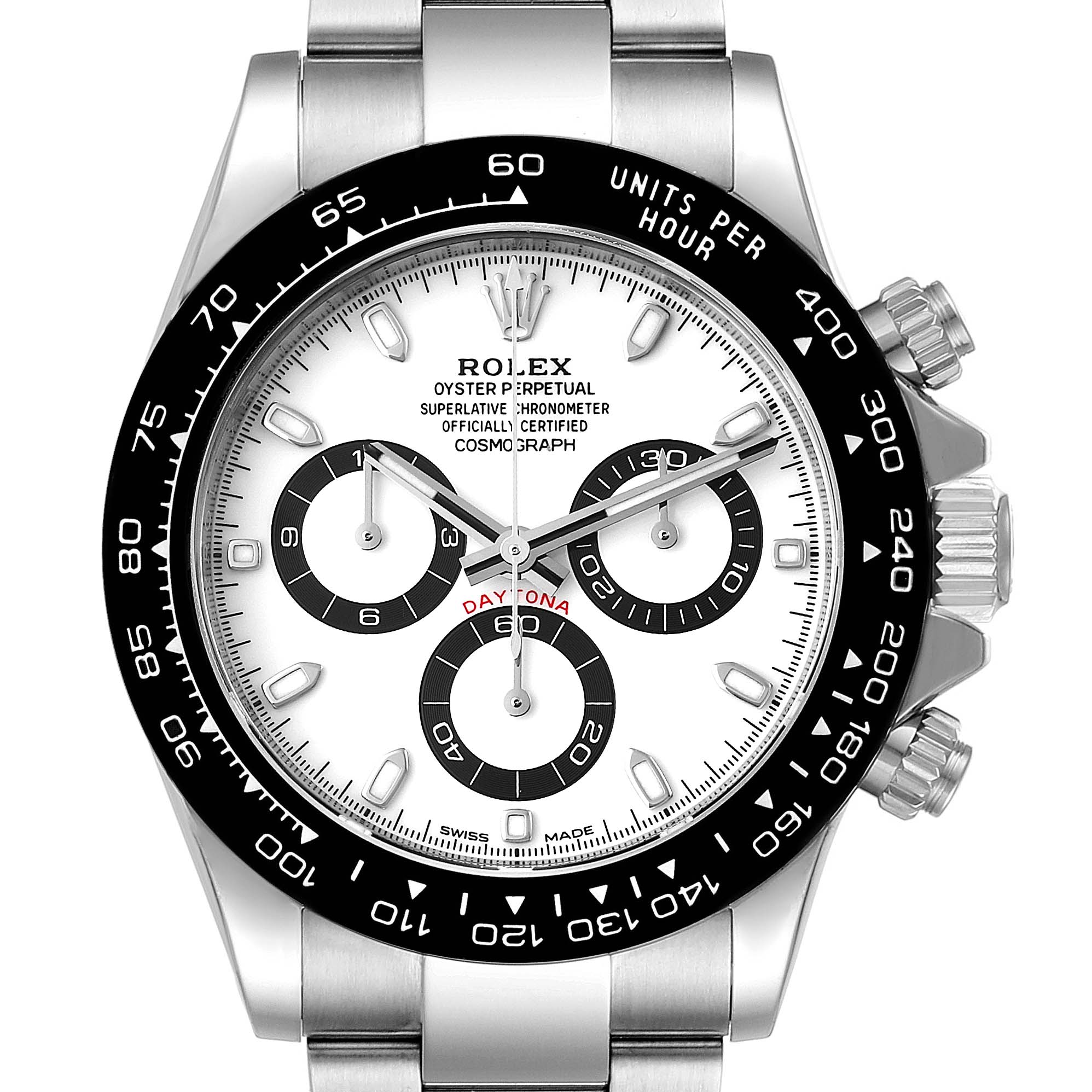 The image shows a frontal view of the Rolex Daytona 116500 Men's Stainless Steel White Dial 116500 Men's Stainless Steel White Dial, displaying the dial, bezel, crown, pushers, and part of the bracelet.