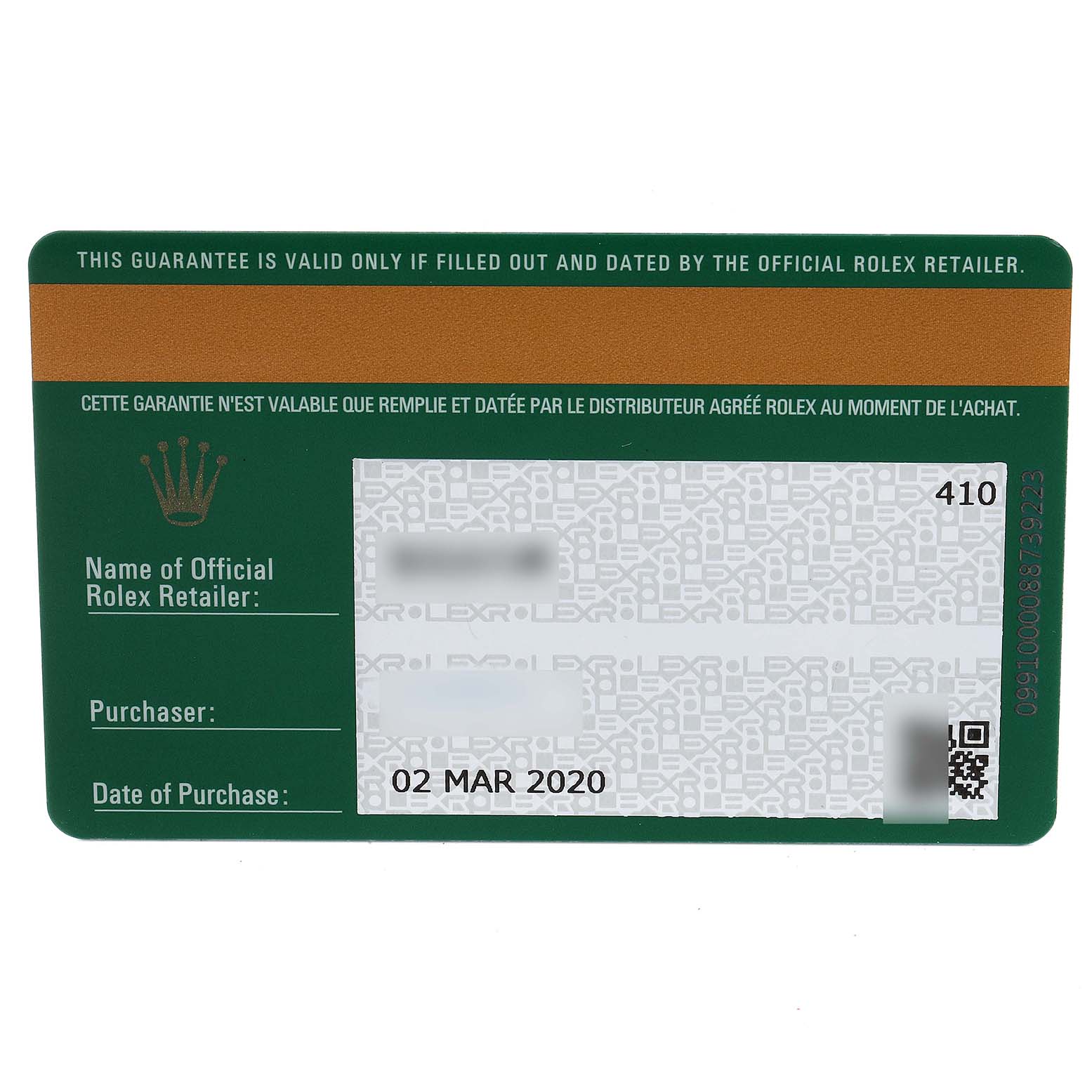 This image shows a guarantee card for a Rolex Daytona 116500 Men's Stainless Steel White Dial 116500 Men's Stainless Steel White Dial watch, including purchase information and retailer details.