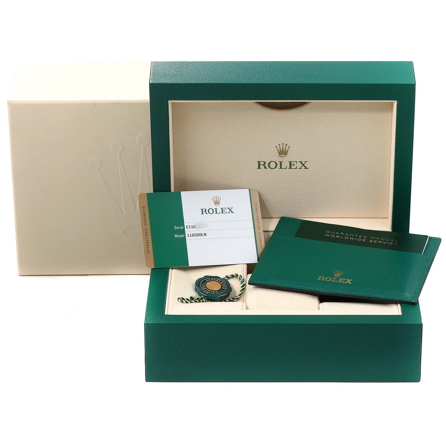 The image shows the packaging, warranty card, tag, and manual for a Rolex Daytona 116500 Men's Stainless Steel White Dial 116500 Men's Stainless Steel White Dial watch.