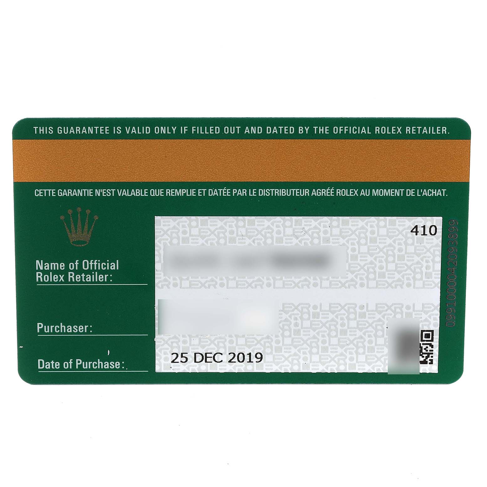 This image shows a top view of a Rolex guarantee card for the Daytona model, detailing the purchase date and official retailer information.