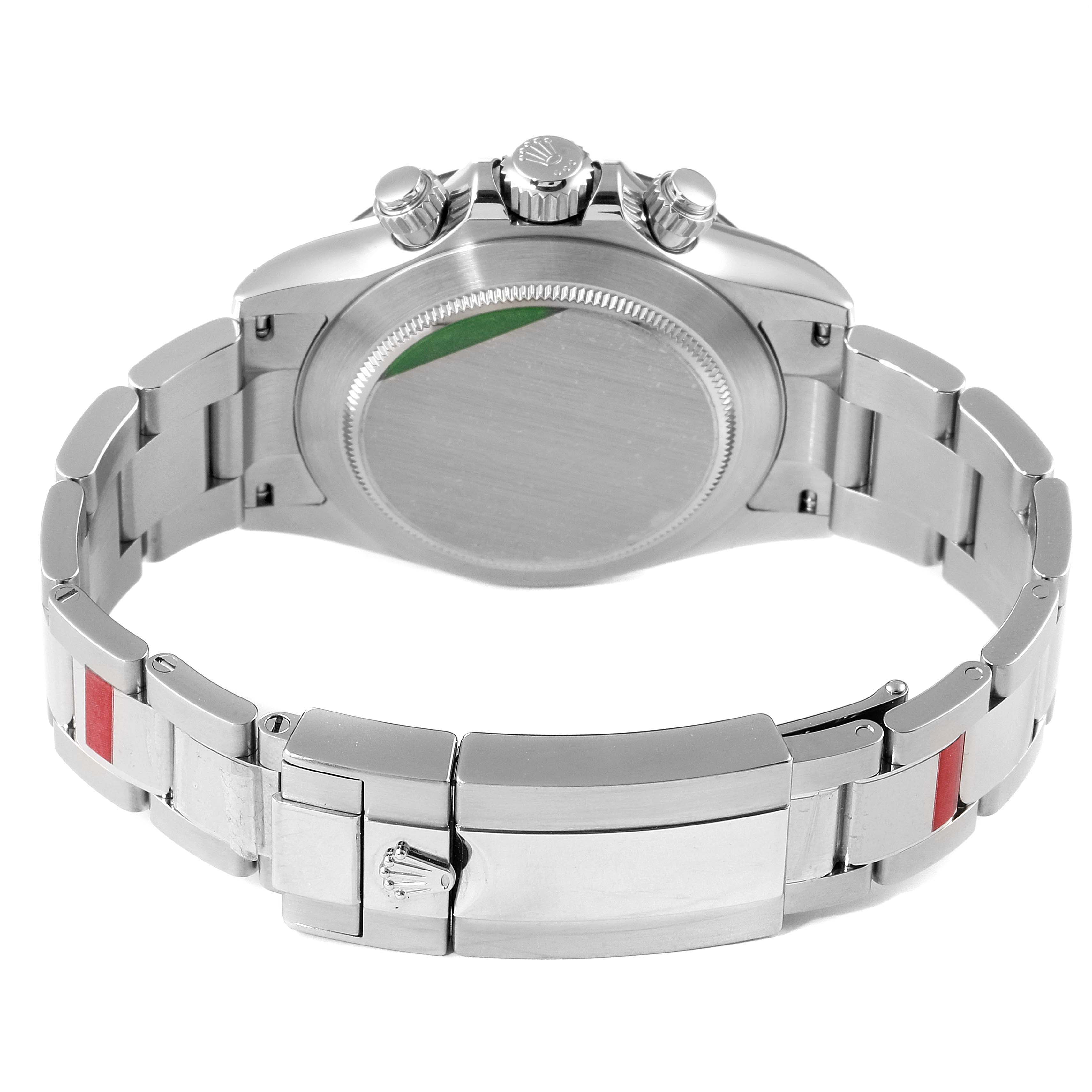 This image shows the back view of a Rolex Daytona 116500 Men's Stainless Steel White Dial 116500 Men's Stainless Steel White Dial watch, highlighting the case back, bracelet, and clasp with the iconic Rolex crown logo.