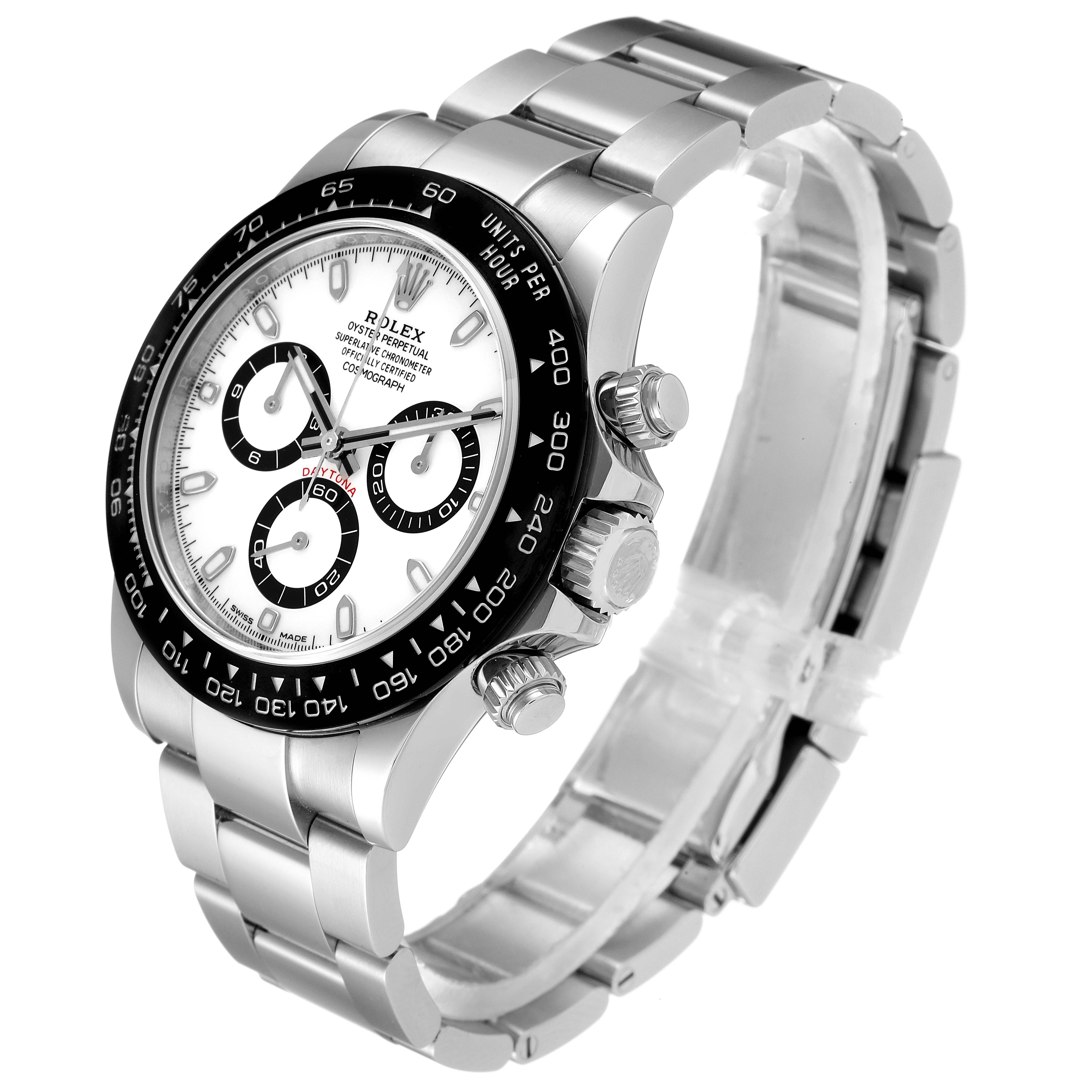 The Rolex Daytona 116500 Men's Stainless Steel White Dial 116500 Men's Stainless Steel White Dial watch is shown at a three-quarter angle, highlighting the dial, bezel, crown, chronograph pushers, and bracelet.