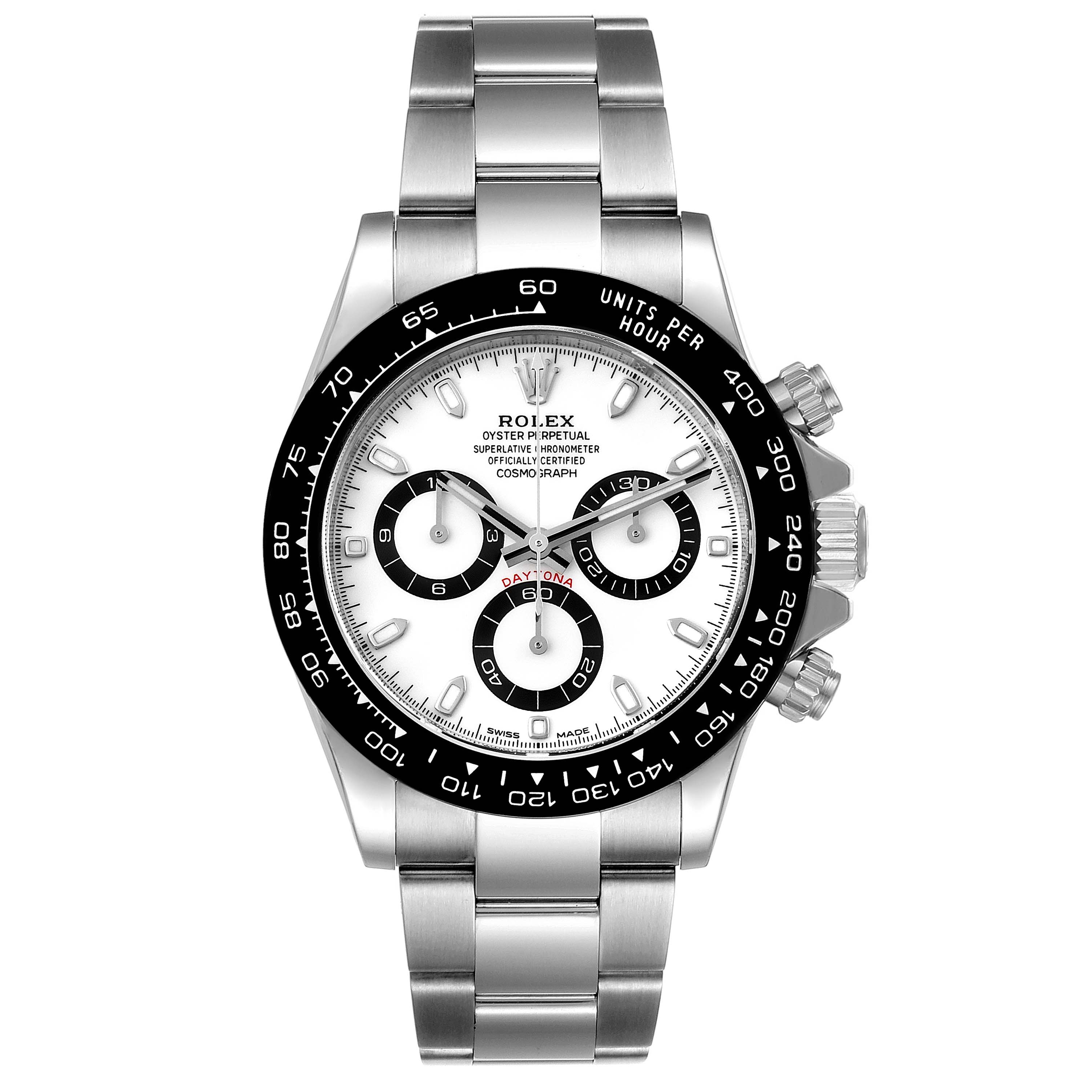 This image shows a front view of a Rolex Daytona 116500 Men's Stainless Steel White Dial 116500 Men's Stainless Steel White Dial watch, highlighting its bezel, dial, subdials, and bracelet.
