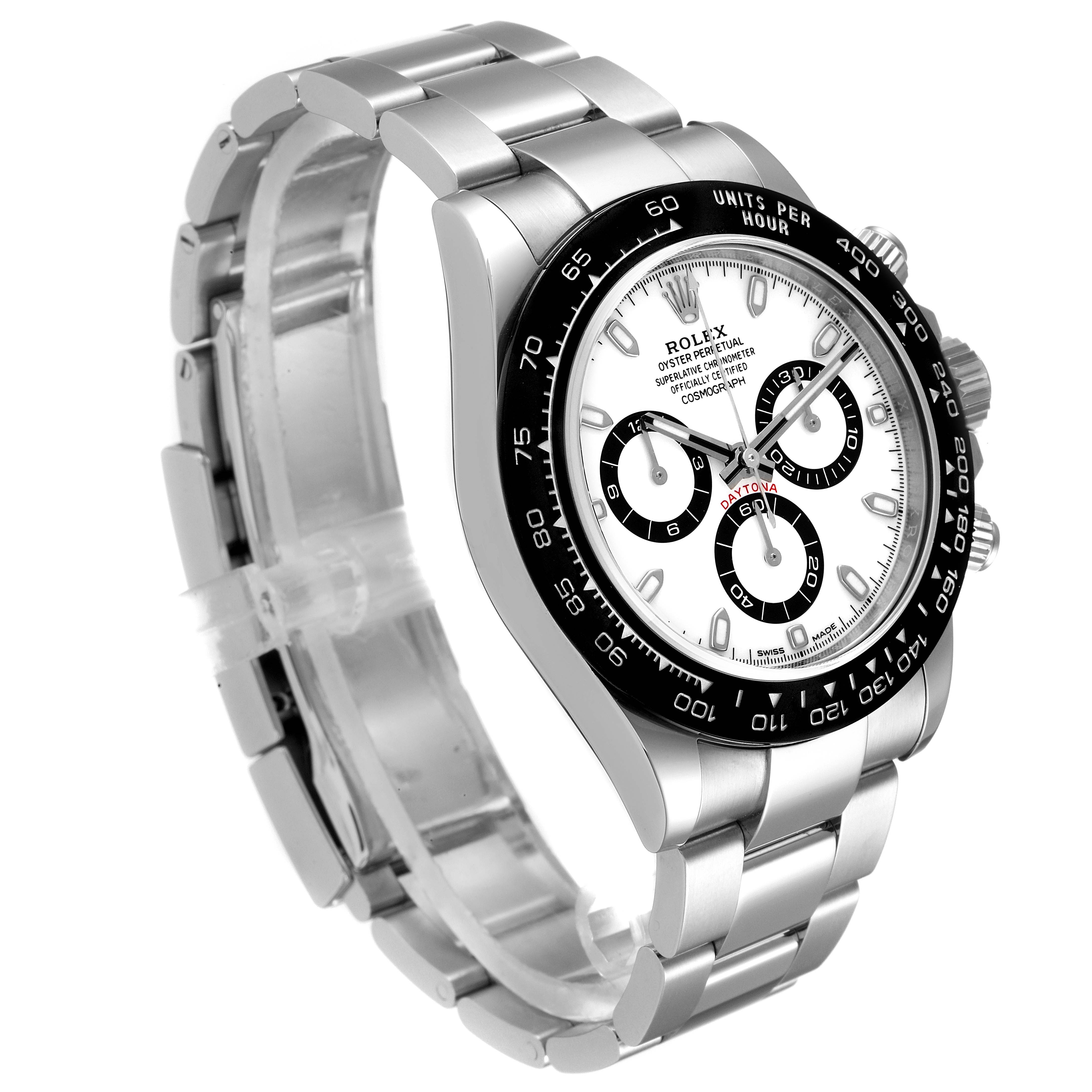 The image showcases a Rolex Daytona 116500 Men's Stainless Steel White Dial 116500 Men's Stainless Steel White Dial watch from a slight side angle, highlighting its bracelet, bezel, and dial details.